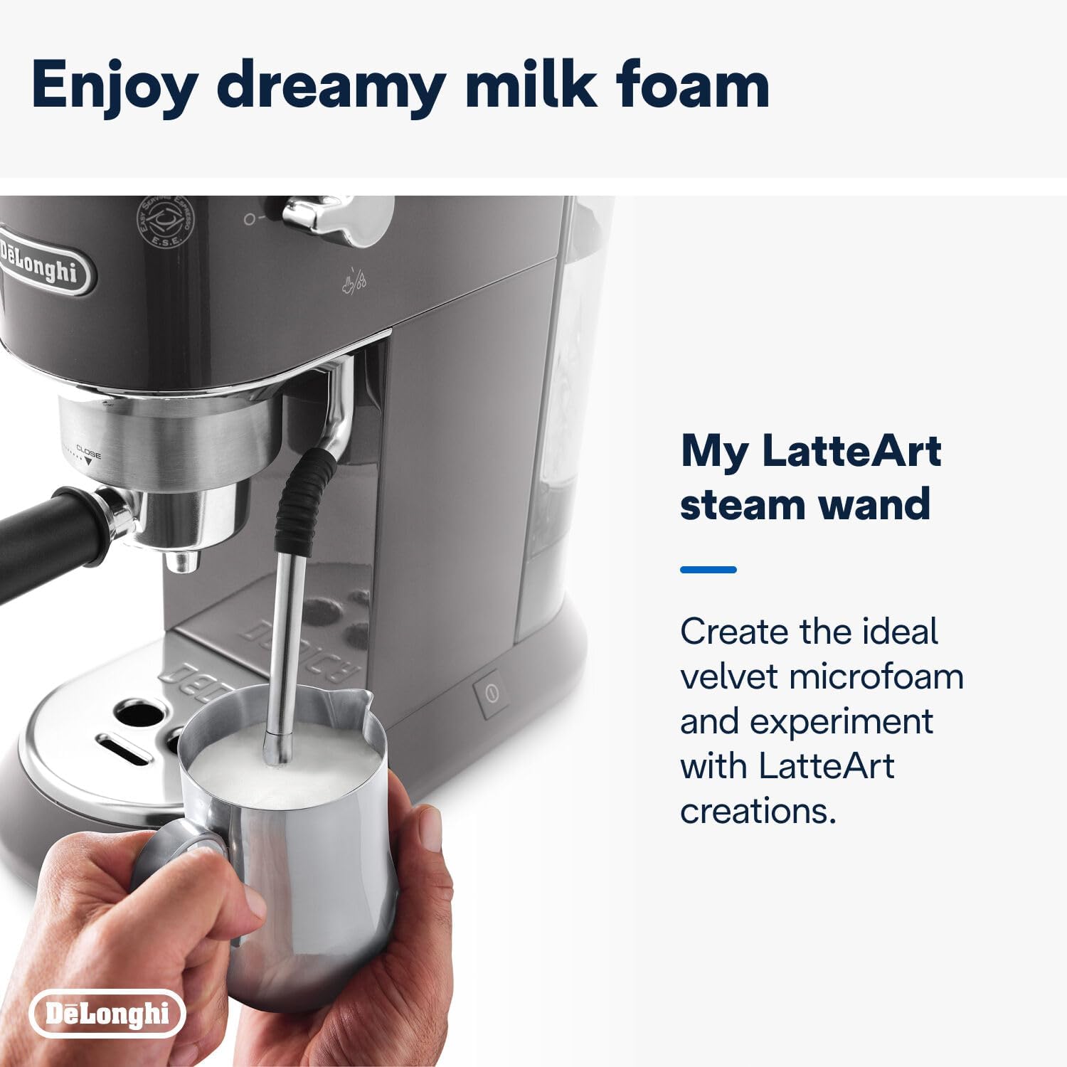 De'Longhi Dedica Style EC 685.M – Espresso Siebtrgermaschine, Espressomaschine mit professionellem Milchaufschumer, nur 15 cm breit, für Kaffeepulver oder ESE Pads, 1 l Wassertank, silber