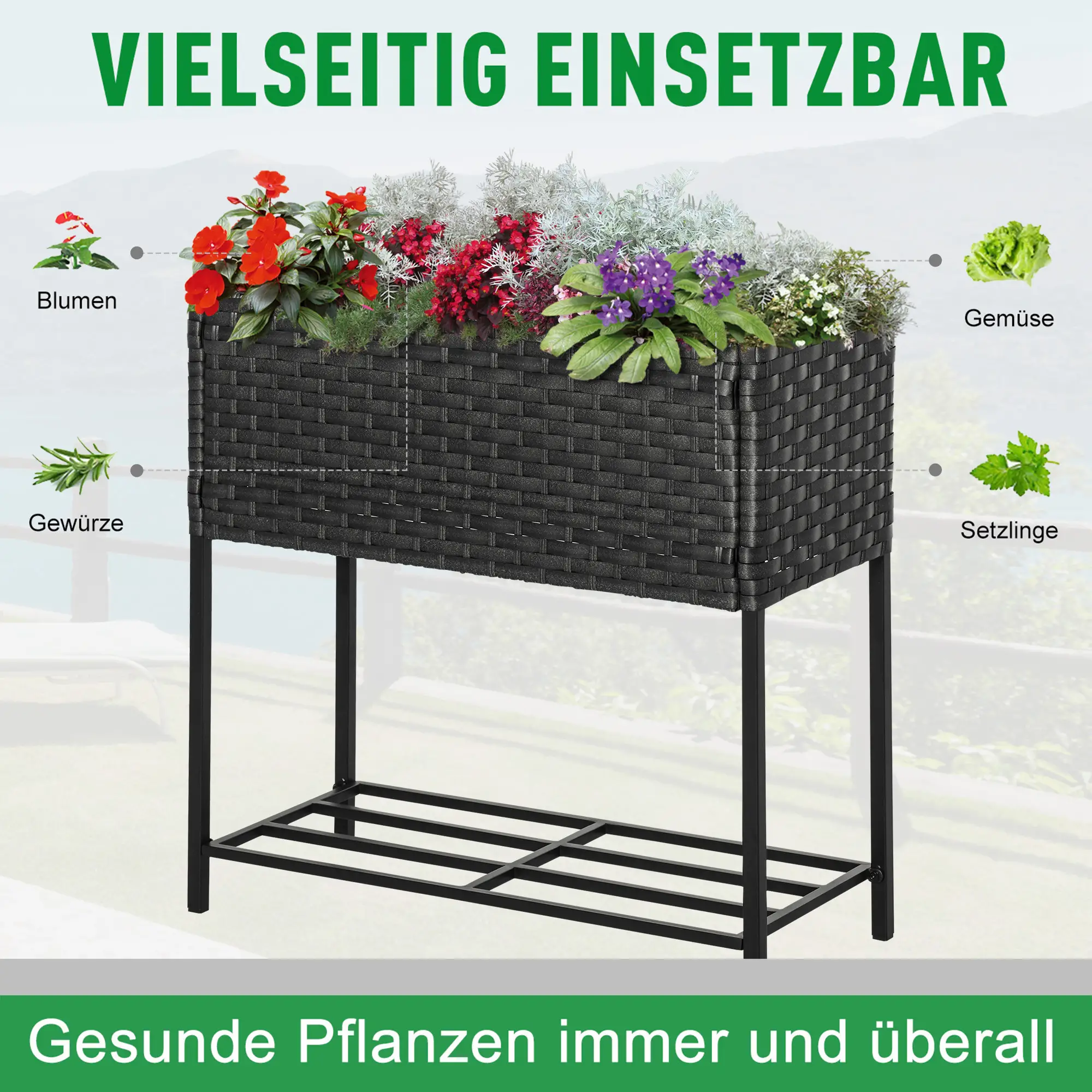 Outsunny Hochbeet Pflanzkübel rückenschonend mit Ablage Poly-Rattan