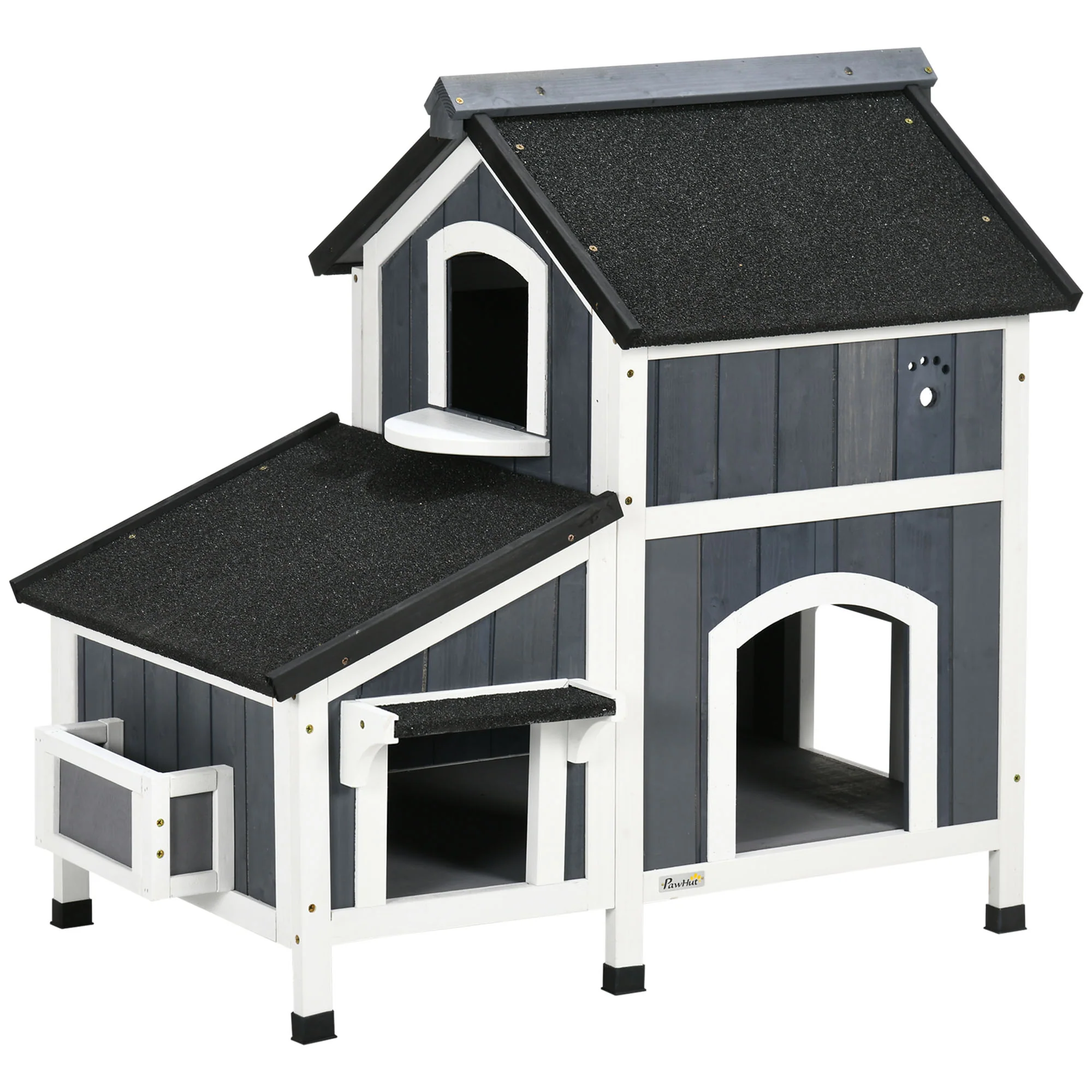PawHut Outdoor Katzenhaus 2 Etagen mit Asphaltdach Blumenkasten
