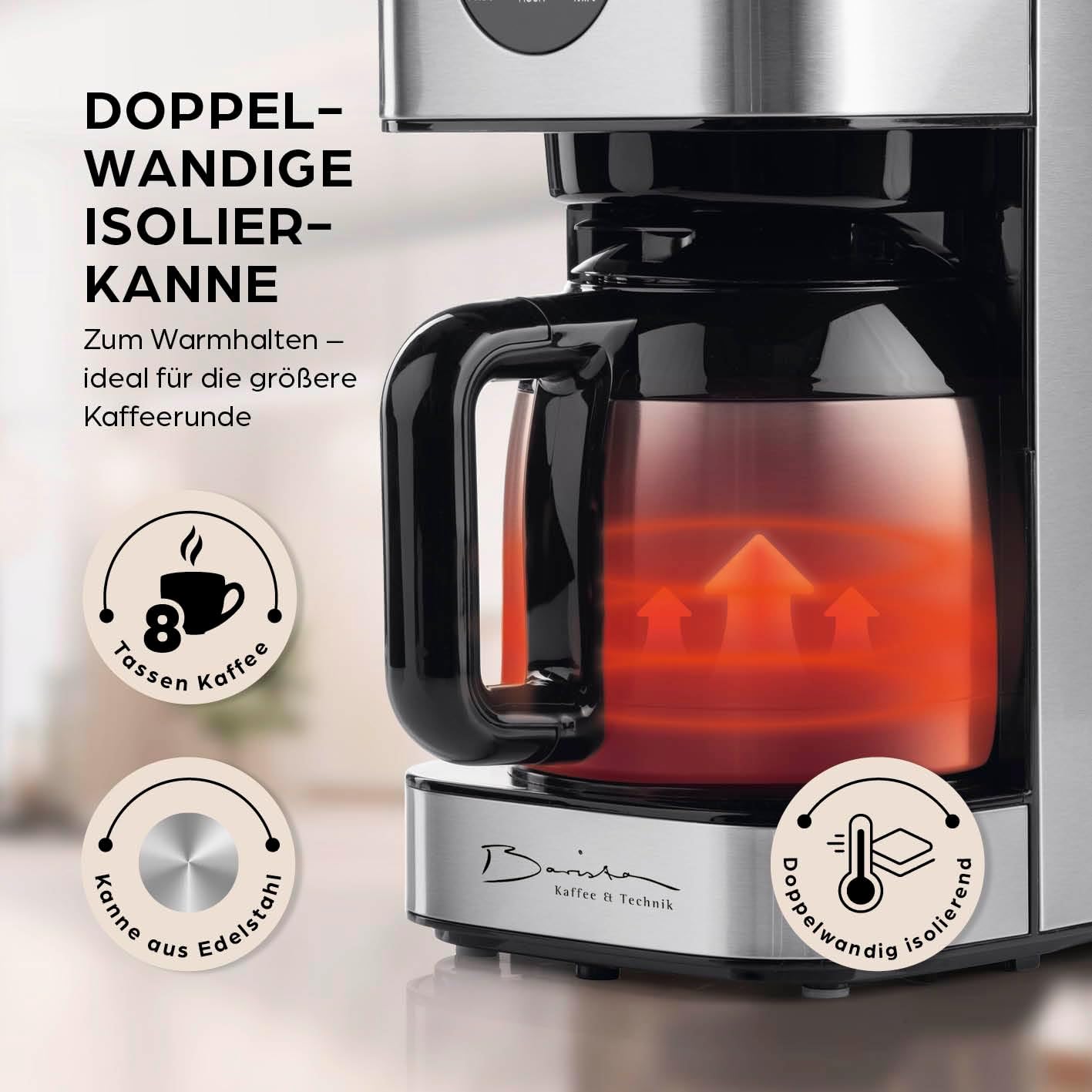 Barista Filterkaffeemaschine mit verstellbarem Mahlwerk & Thermokanne | Warmhaltefunktion, 24h Timer & Permanentfilter | Für 10 Tassen Kaffee | Kaffeemaschine für Bohnen & Pulver [Edelstahl]