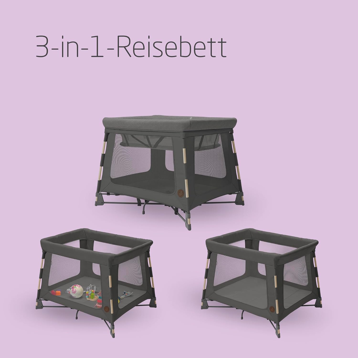 Maxi-Cosi Swift 3-in-1 Reisebett Baby, Babywiege, 0–3,5 Jahre, bis zu 15 kg, Reisebett höhenverstellbar, 2-in-1-Matratze, ultraleicht, in 1 Sekunde klappbar, Reisetasche, Eco Care, Beyond Grey