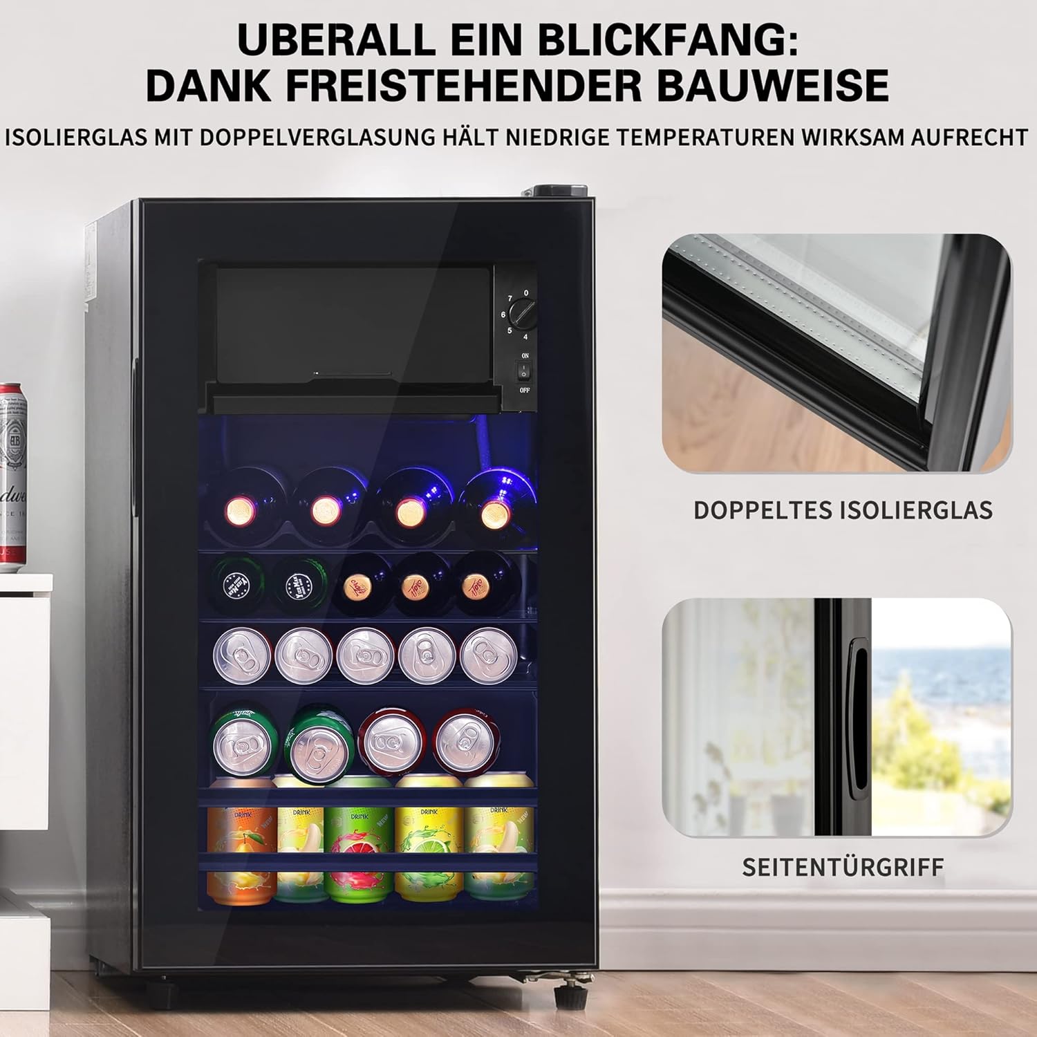 Merax Kühlschrank 128L, Freistehend Getränkekühler mit 120L-Kühlschrank + 8L-Gefrierschrank, mit LED-Innenbeleuchtung und Verstellbare Einlegeböden, Superleise für Restaurant, Bar, Getränke und Bier
