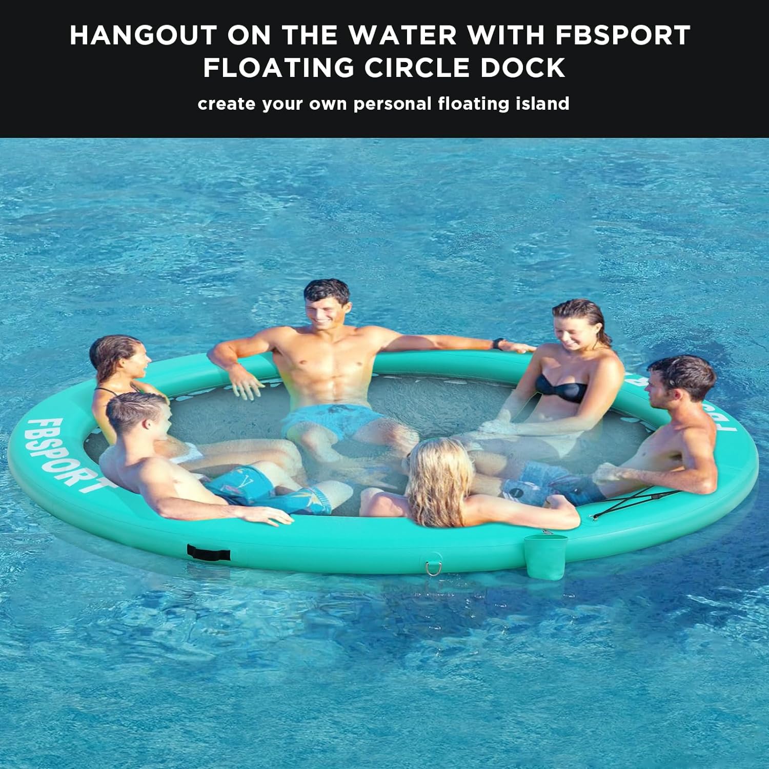 Aufblasbares Dock, schwimmende Plattform, 2,44 m aufblasbares Wasserhängematten-Schwimmdeck für See mit Getränkehalter, runder Schwimmring, Schwimmfloß, Liegeinsel, Plattformpolster