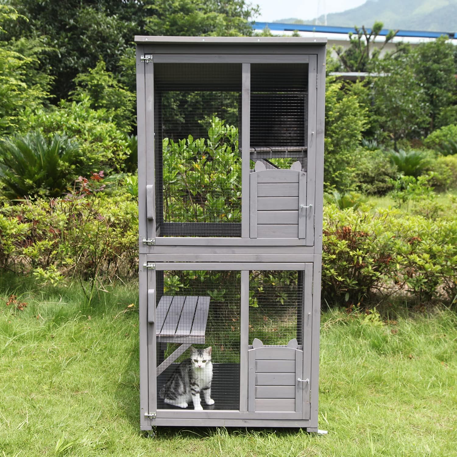 Katzenhaus Outdoor Catio Kitty Gehege mit super großer Eingangstür, Holz-Katzenkäfig Condo Indoor-Laufstall mit Plattformen und kleinem Haus