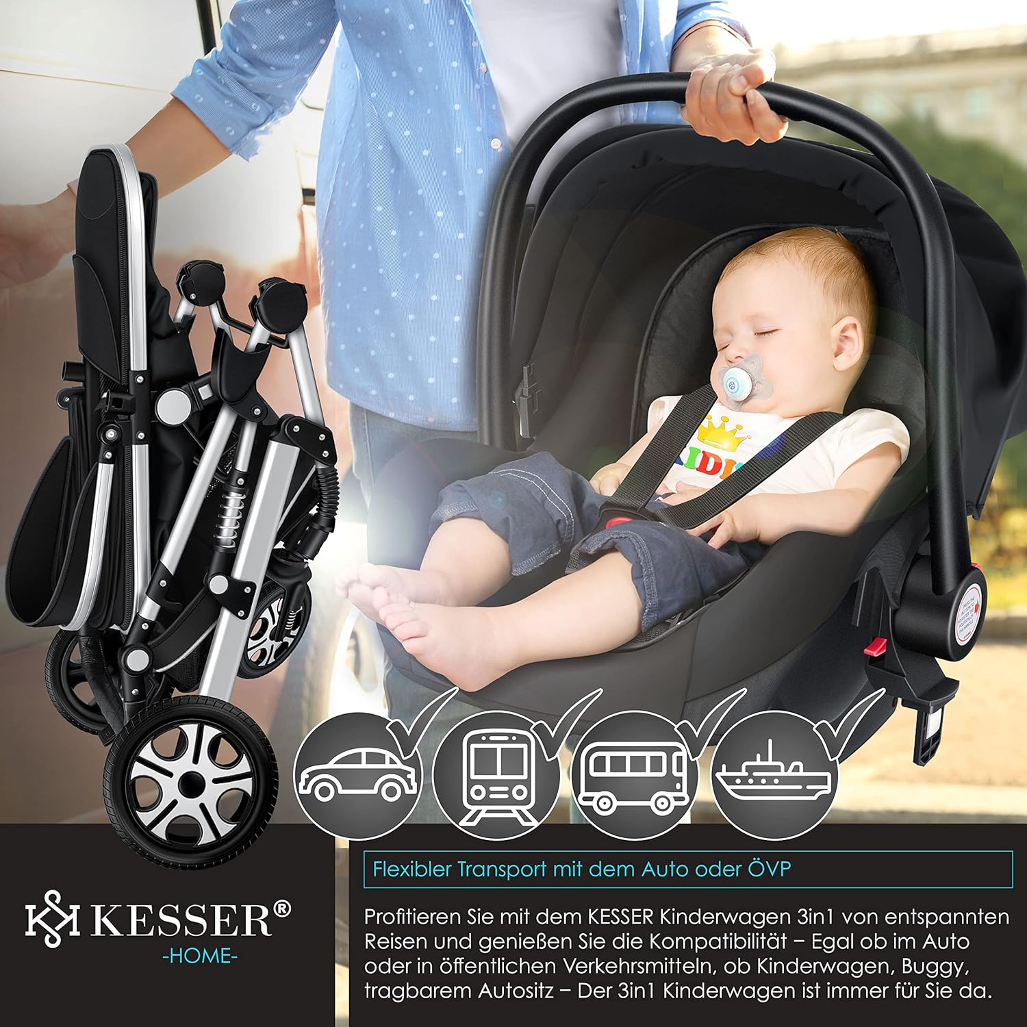 KESSER Loops 3 in 1 Kinderwagen Kombikinderwagen Komplett-Set inkl. Babywanne & Buggy Sportsitz & Auto-Babyschale Voll-Gummireifen Wickeltasche Regenschutz Kindertisch ECE R129, Schwarz/Champagne