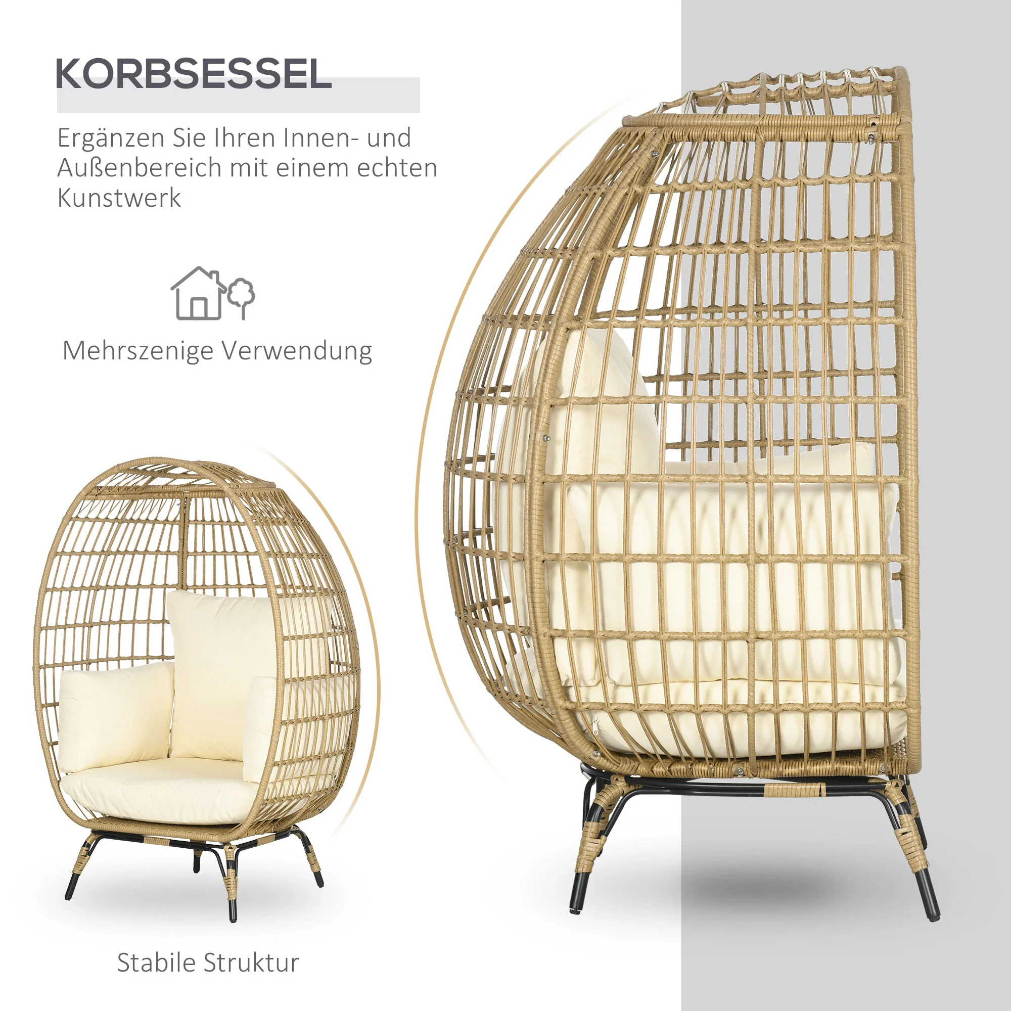 Outsunny Rattansessel Korbform mit dicken Kissen verstellbare Füße