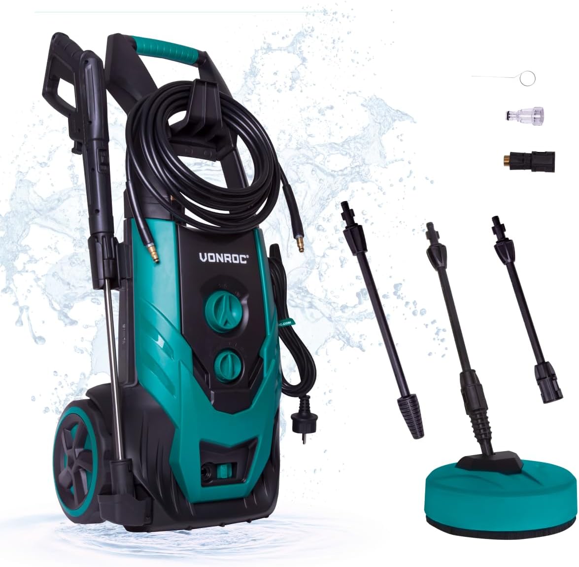 VONROC Profi Hochdruckreiniger 195bar - Fassadenreiniger für schwere Reinigungsarbeiten [2500W] - Hoher Durchfluss [468 l/h] Reinigungstank, Aluminium Pumpe - inkl. Terassenreiniger