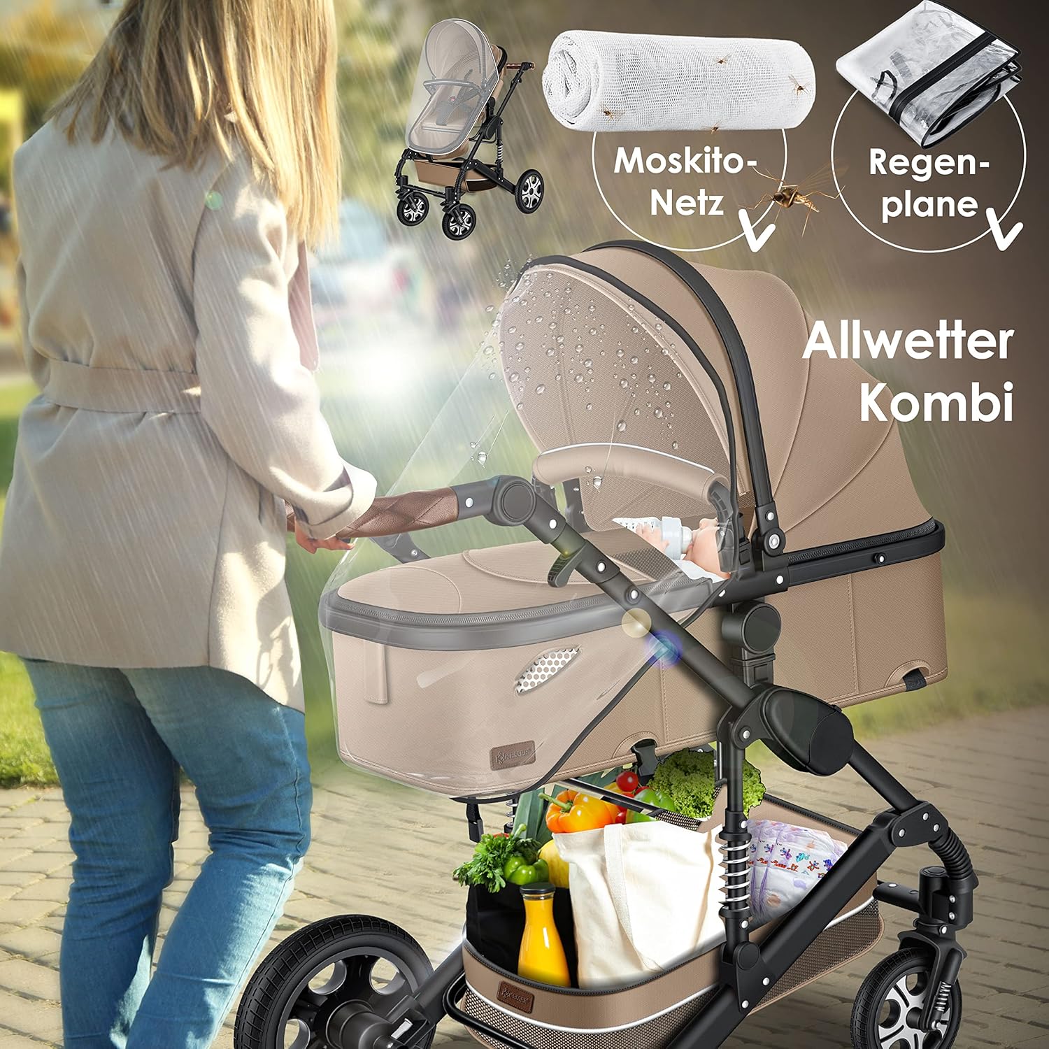 KESSER Loops 3 in 1 Kinderwagen Kombikinderwagen Komplett-Set inkl. Babywanne & Buggy Sportsitz & Auto-Babyschale Voll-Gummireifen Wickeltasche Regenschutz Kindertisch ECE R129, Schwarz/Champagne
