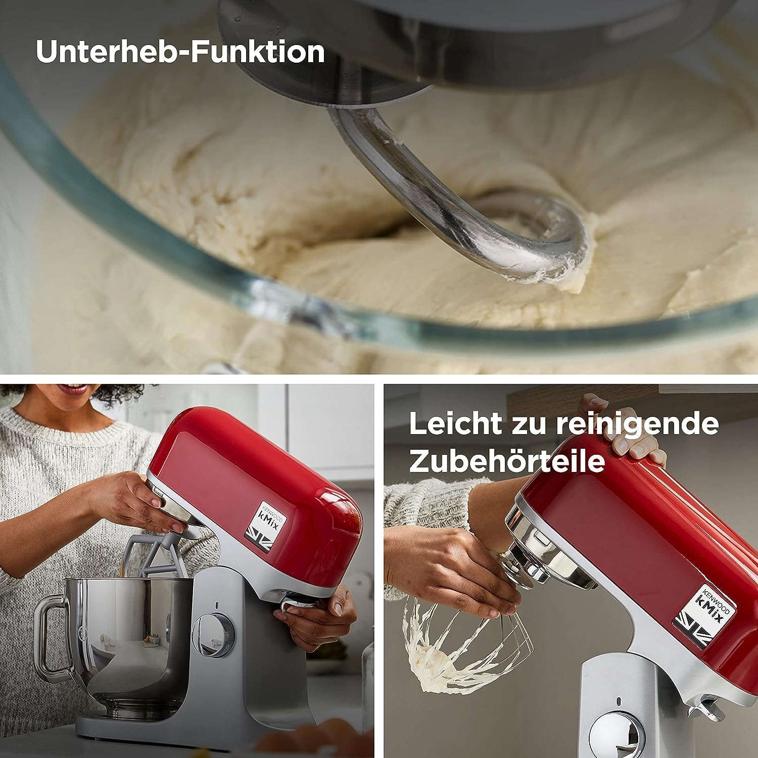 Kenwood kMix KMX750RD Küchenmaschine, 5 l Edelstahl Schüssel, Safe-Use-Sicherheitssystem, Metallgehuse, 1000 Watt, inkl. 3-Teiligem Patisserie-Set und Spritzschutz, Rot