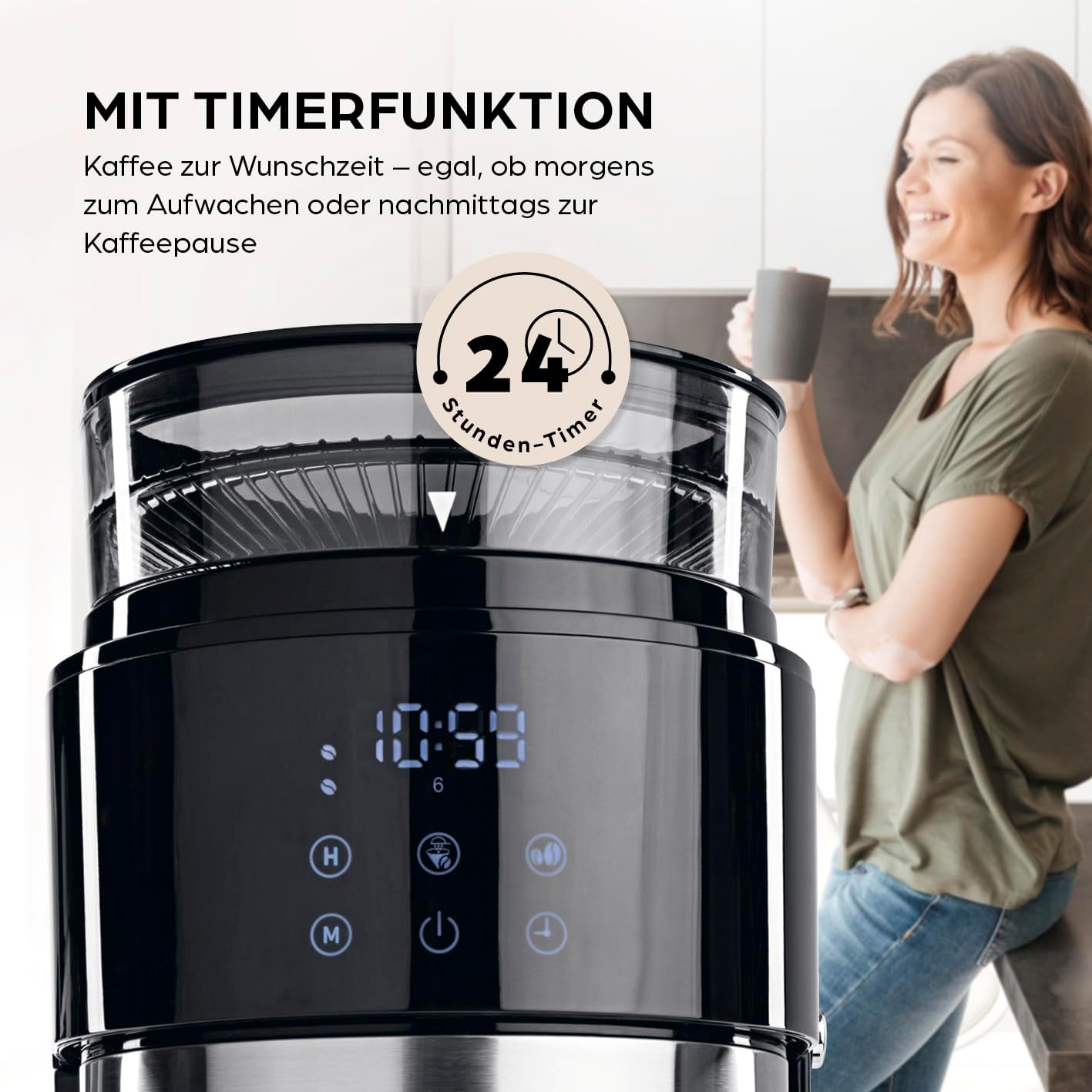 Barista Filterkaffeemaschine mit verstellbarem Mahlwerk & Thermokanne | Warmhaltefunktion, 24h Timer & Permanentfilter | Für 10 Tassen Kaffee | Kaffeemaschine für Bohnen & Pulver [Edelstahl]