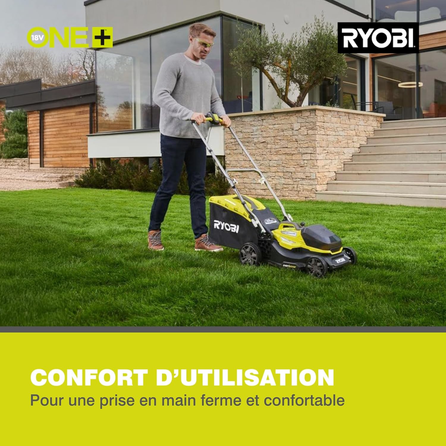 RYOBI 18 V ONE+ Akku-Rasenmäher RLM18X33B40 (Schnittbreite 33 cm, 5-fache Höhenverstellung 25-65 mm, zusammenklappbares Griffgestänge, inkl. Mulchkeil, 35l Grasfangsack, 4,0Ah Akku & Ladegerät)