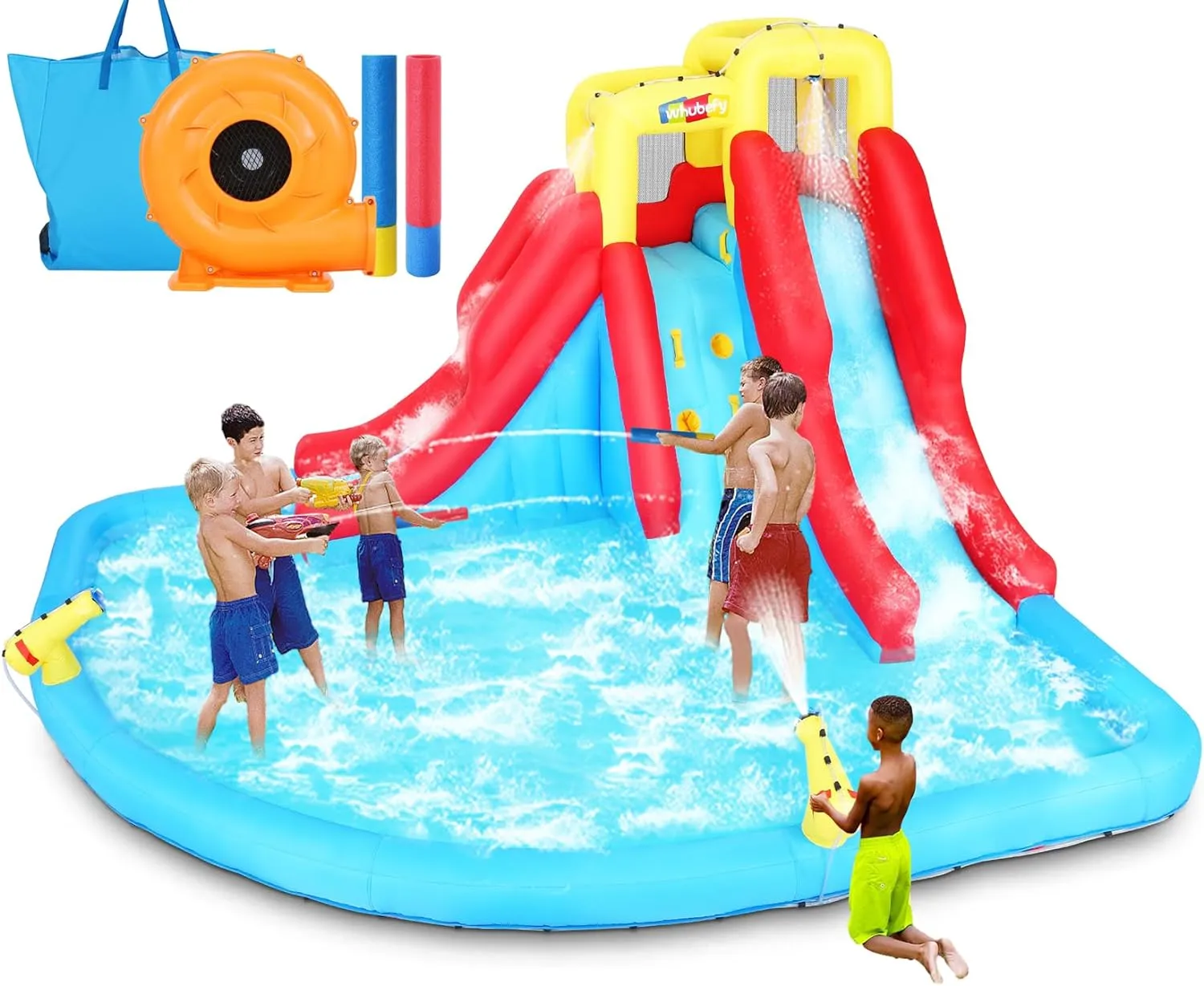Aufblasbare Wasserrutschen für Kinder, 8-in-1-Hüpfburg-Wasserpark mit 450-W-Gebläse, Kletterwand, Planschbecken, 2 Wasserkanonen, Basketballkorb, Wasserrutsche, Krokodilsprinkler als Geschenk für eine Gartenparty