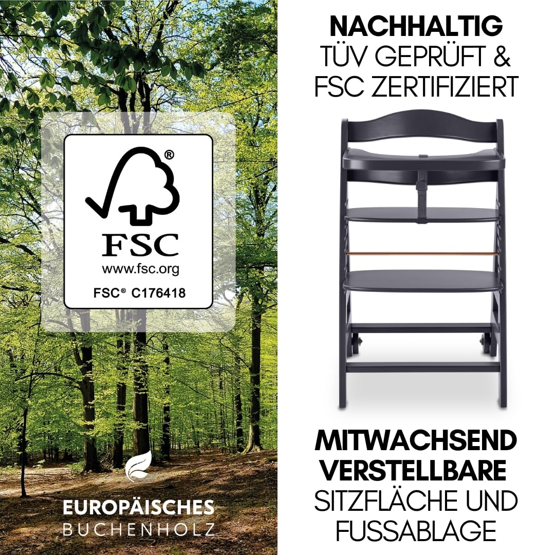 hauck Hochstuhl Beta+ Newborn Set Premium Dark Grey - Babyhochstuhl Set ab Geburt mit Neugeborenen Aufsatz Bouncer, Sitzpolster und Essbrett - Dark Grey