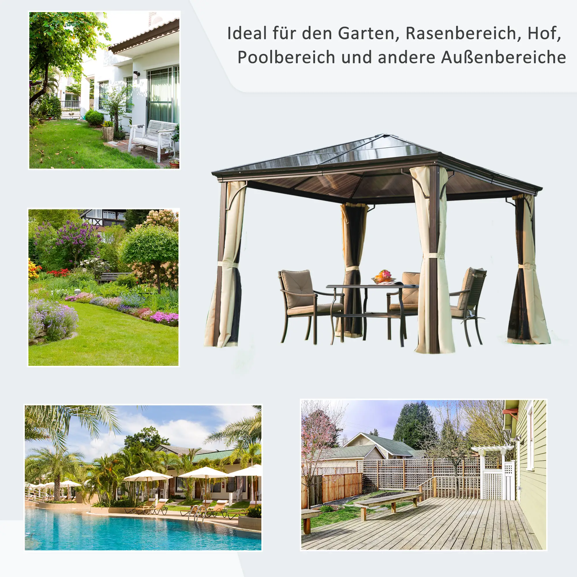 Outsunny Gartenpavillon Hardtop mit Polycarbonat-Dach Fliegennetz Alu