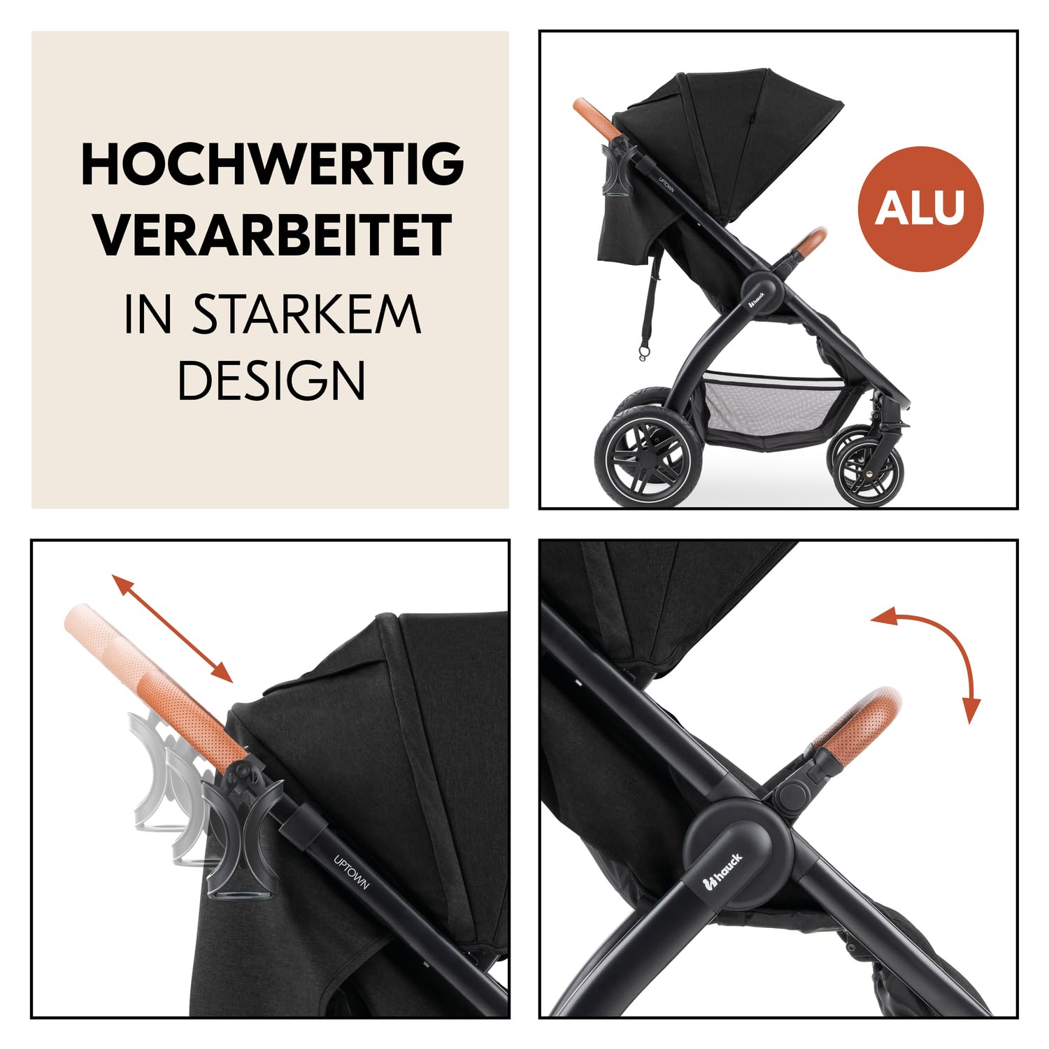 Hauck Uptown Kinderwagen Melange Rose – Kinderwagen für jedes Gelände, extra großer Sitz, flache Liegeposition, Gummiräder, Federung, kompakt und einfach zusammenklappbar, mit Regenschutz