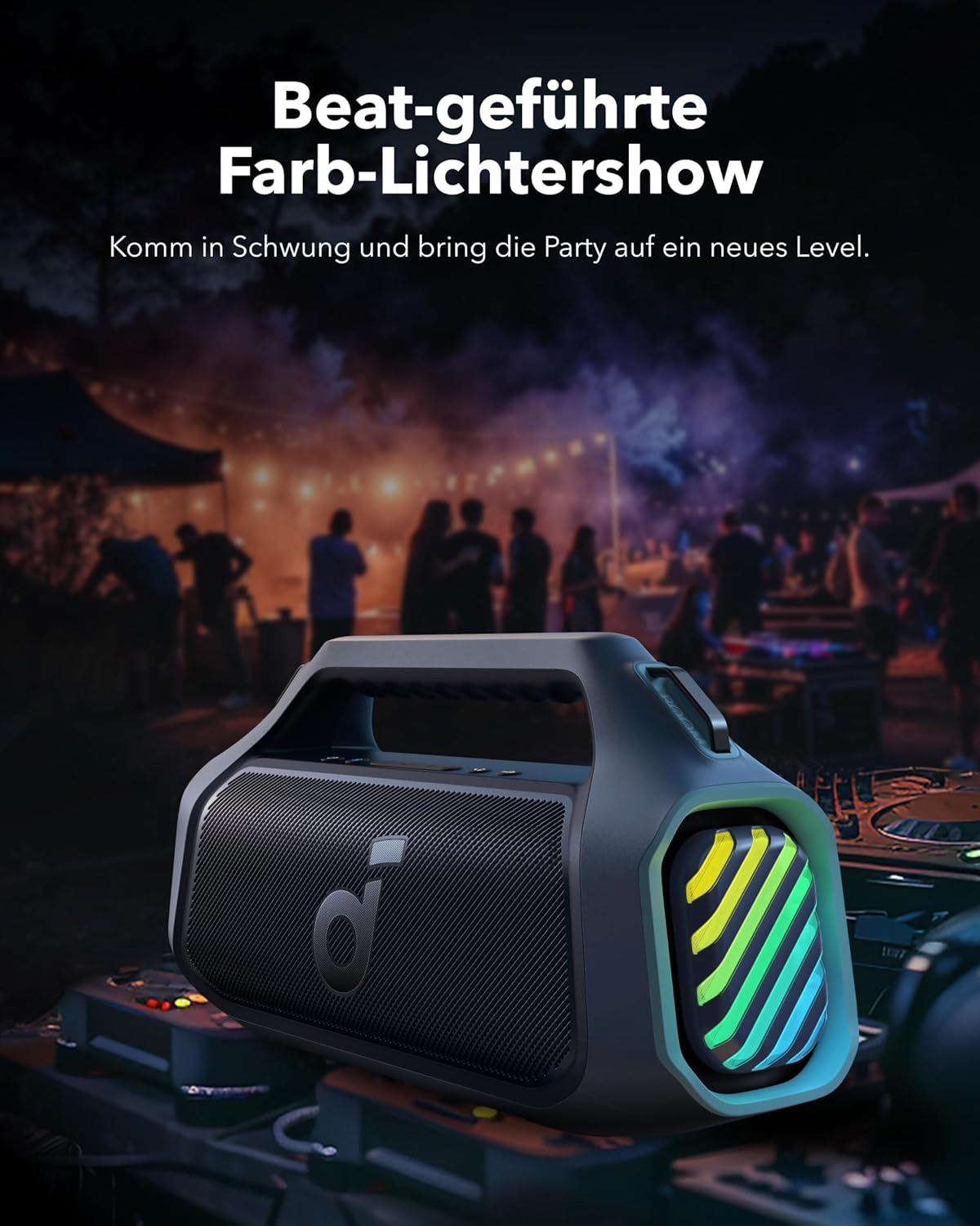 soundcore Boom 2 Plus Outdoor Lautsprecher, 140W, 2+2 Channel, BassUp 2.0, 20h, Schnellladung, IPX7 wasserdicht, RGB Lichter, USB-C, Power Bank, BT 5.3, tragbarer Bluetooth Lautsprecher, Camping