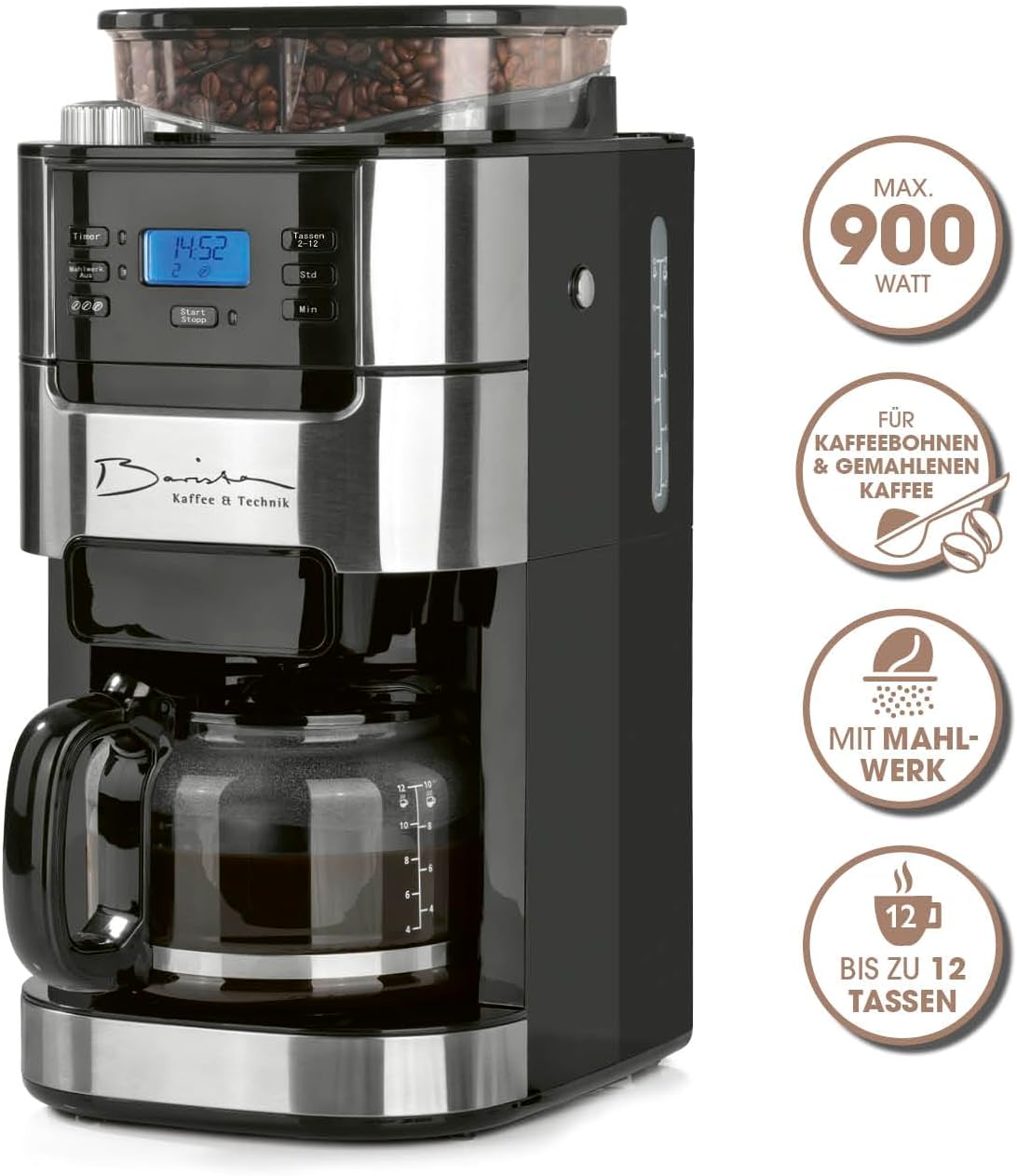 Barista Filterkaffeemaschine mit verstellbarem Mahlwerk & Thermokanne | Warmhaltefunktion, 24h Timer & Permanentfilter | Für 10 Tassen Kaffee | Kaffeemaschine für Bohnen & Pulver [Edelstahl]