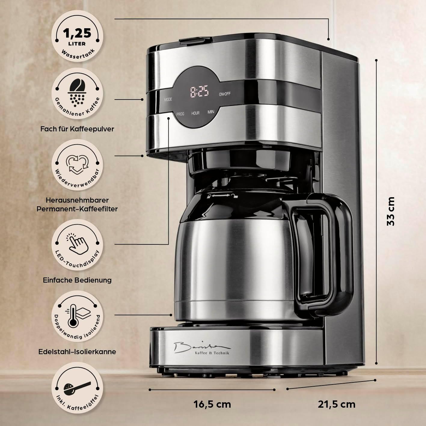 Barista Filterkaffeemaschine mit verstellbarem Mahlwerk & Thermokanne | Warmhaltefunktion, 24h Timer & Permanentfilter | Für 10 Tassen Kaffee | Kaffeemaschine für Bohnen & Pulver [Edelstahl]