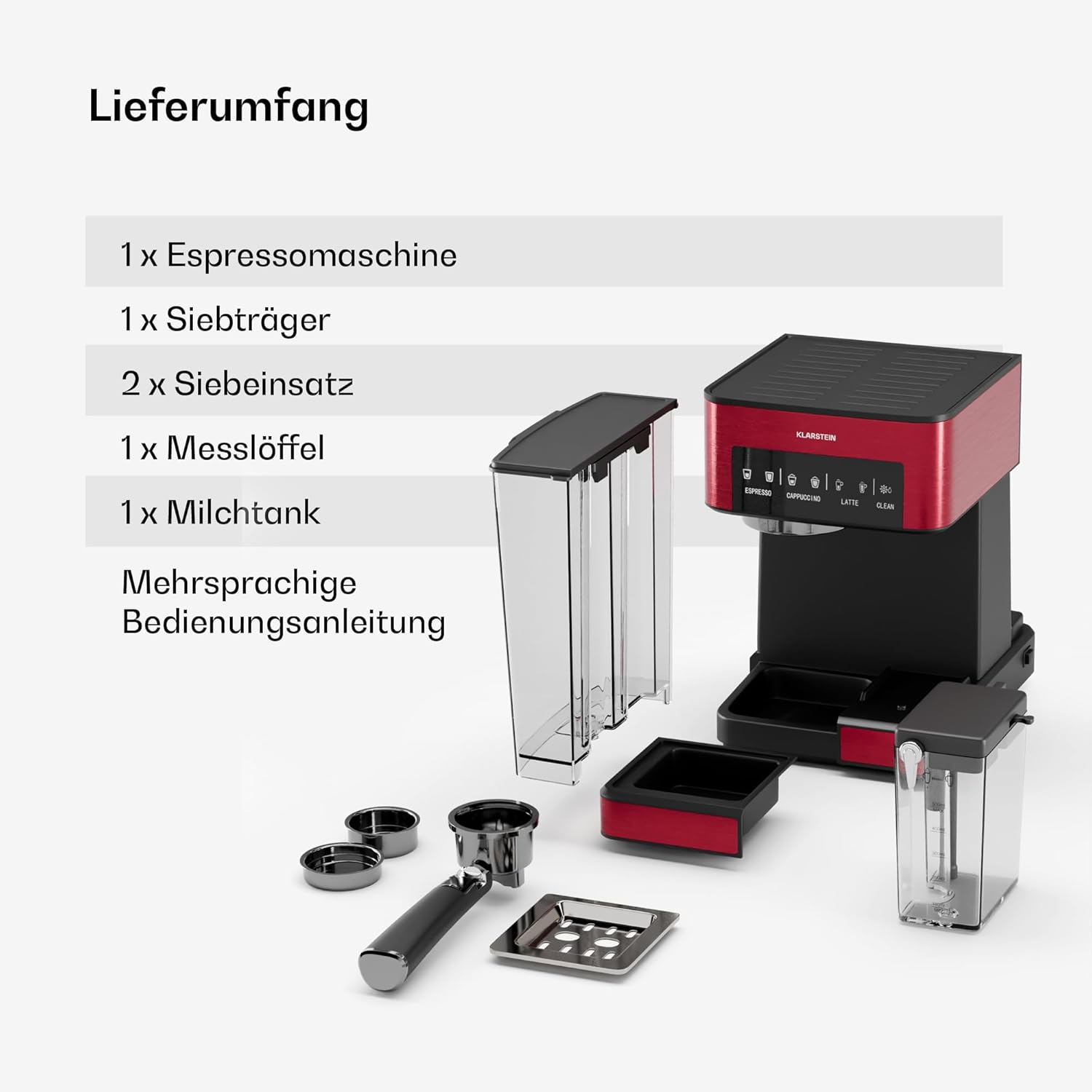 Klarstein Espresso Siebträgermaschine mit Milchaufschäumer, 1,8L Mini-Espressomaschine mit Siebträger, 20 Bar, Edelstahl, Klein, 0,5L Milchtank, 1350W Kaffeemaschine für Gemahlenen Kaffee