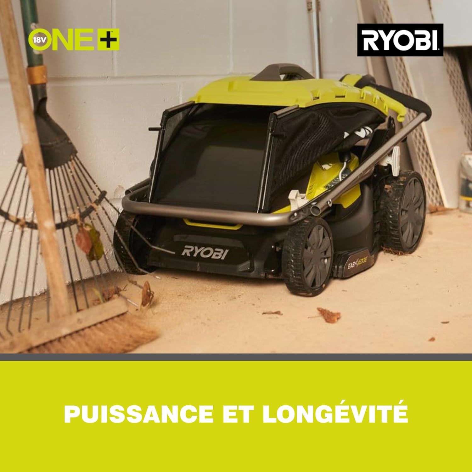 RYOBI 18 V ONE+ Akku-Rasenmäher RLM18X33B40 (Schnittbreite 33 cm, 5-fache Höhenverstellung 25-65 mm, zusammenklappbares Griffgestänge, inkl. Mulchkeil, 35l Grasfangsack, 4,0Ah Akku & Ladegerät)