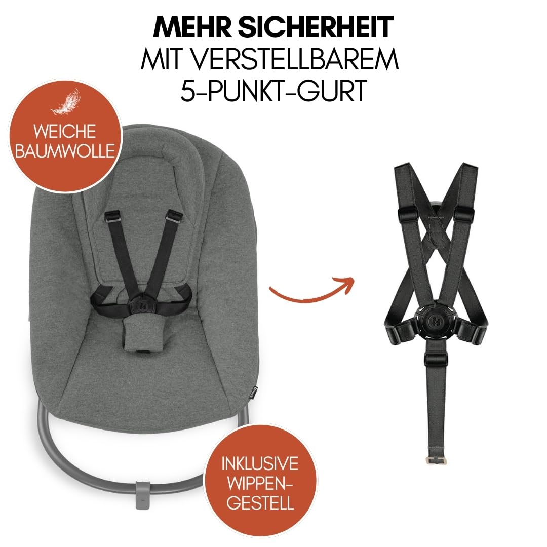 hauck Hochstuhl Beta+ Newborn Set Premium Dark Grey - Babyhochstuhl Set ab Geburt mit Neugeborenen Aufsatz Bouncer, Sitzpolster und Essbrett - Dark Grey