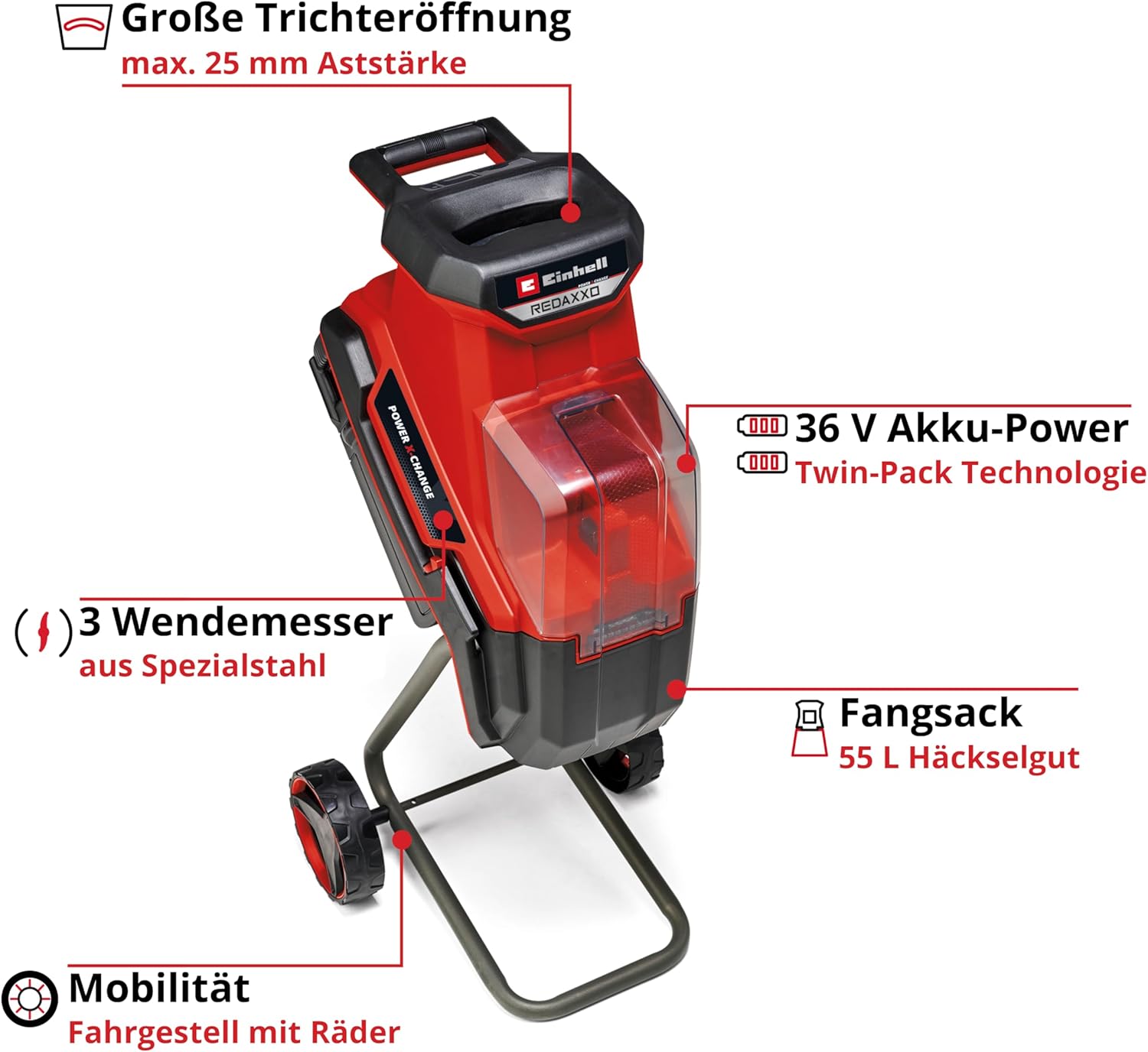 Einhell Akku-Messerhäcksler REDAXXO 36/25 Power X-Change (36 V, max. 25 mm Aststärke, 3 Wendemesser aus Stahl, 55 L Fangsack, Transportgriff, Stopfer)