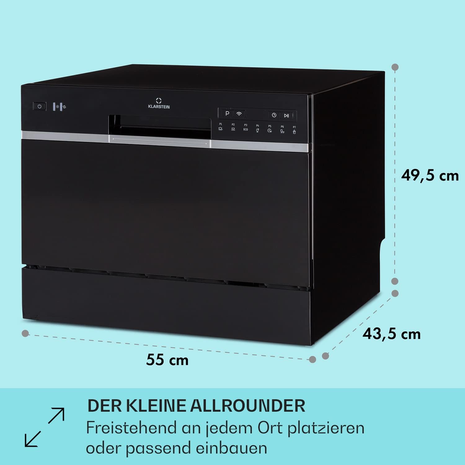 Klarstein ia 8 - Spülmaschine, Geschirrspüler, Freistehend, Teilintegriert, F, 55 cm breit, 8 Maßgedecke, 6 Programme, Aquastop, silber