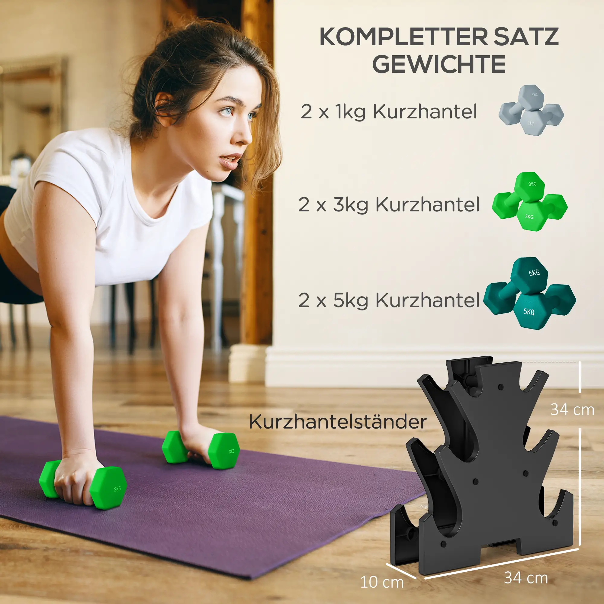 SPORTNOW Hantelset 6-teilig mit Hantelständer – 1 kg bis 5 kg