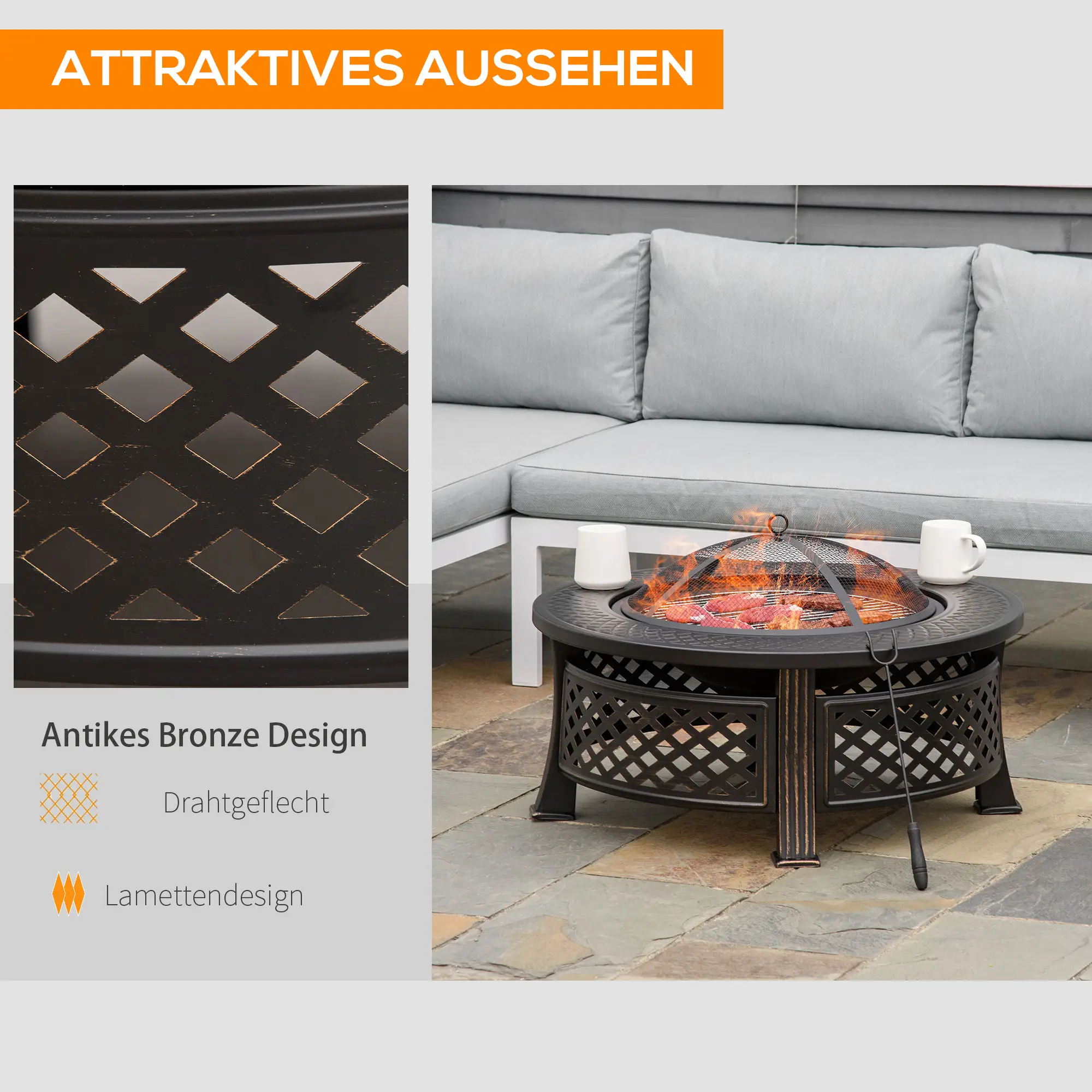 Outsunny Feuerschale BBQ-Grill 2-in-1 Bronzeoptik