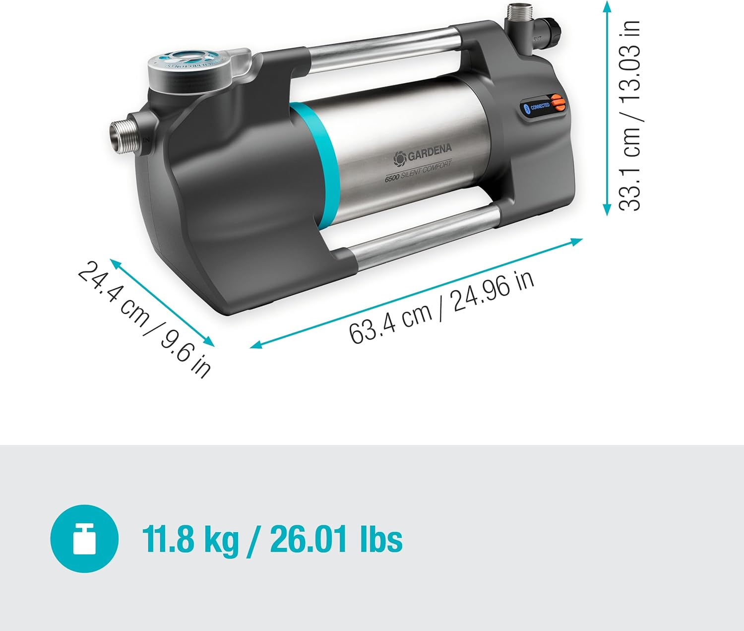 Gardena Gartenpumpe 6500 SilentComfort: Extra leise Bewässerungspumpe via App steuerbar, Fördermenge 6500 l/h, Trockenlaufsicherung, rostfreier Edelstahl, stromsparend und wasserfest (9059-20)