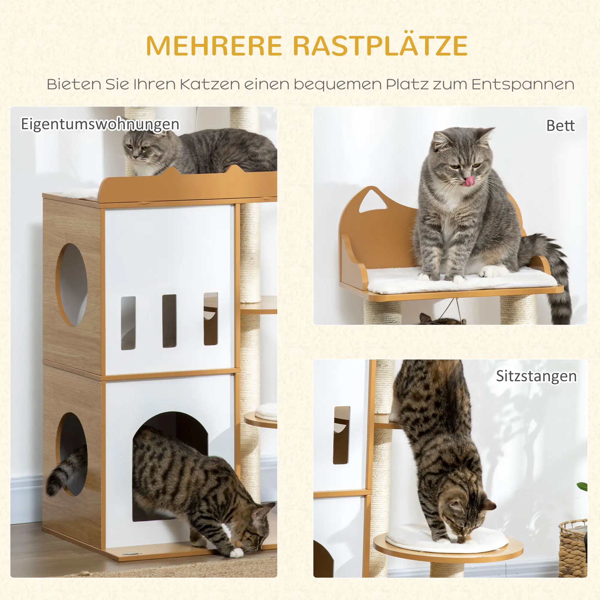 PawHut Kratzbaum Katzenmöbel mit Sisal-Kratzstämmen und Spielball Eiche Weiß