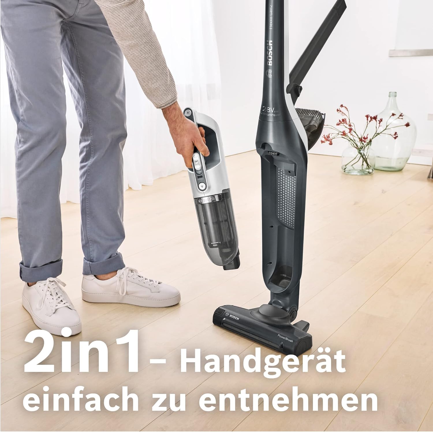Bosch Akku-Staubsauger Flexxo 2in1 Serie 4 BBH32101, kabelloser Handstaubsauger, beutellos, hohe Saugleistung, Lange Laufzeit, Kurze Ladezeit, Fugendüse, alle Bodenarten, schwarz