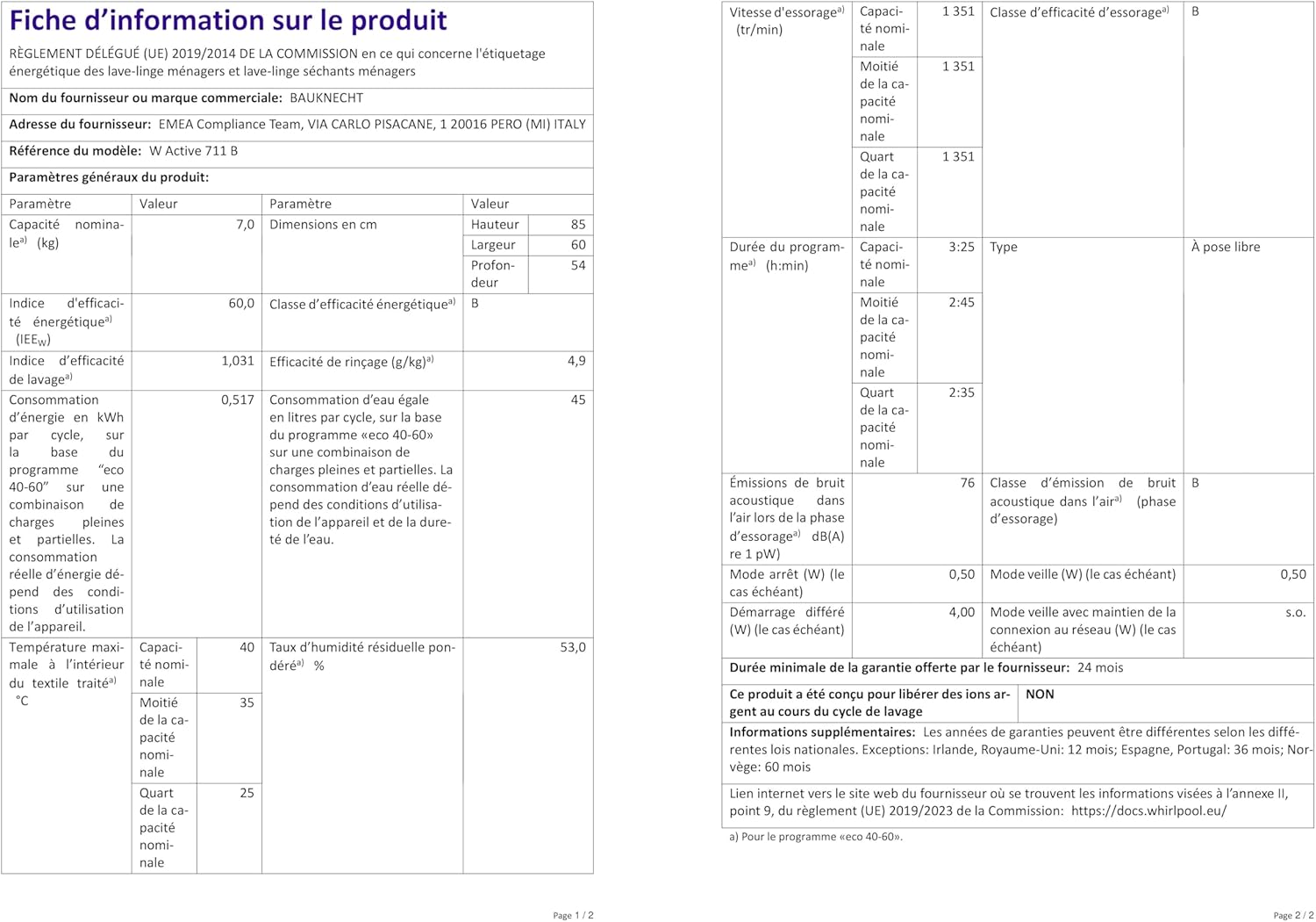 Bauknecht W Active 711 B Waschmaschine-Frontlader/ 7kg/ 1400 U/min/Kraftvolle Fleckentfernung/Dampf Programme/Steam Hygiene mit Antivirus/Steam Refresh/Stopp&Add Funktion/Dynamic Inverter-Motor