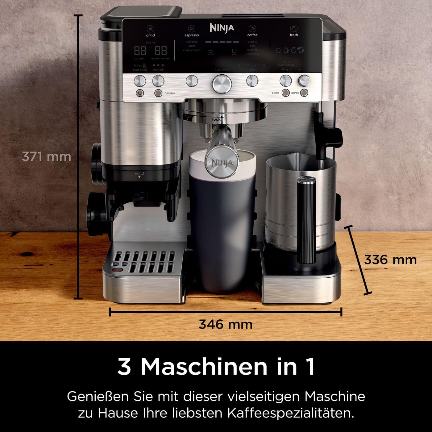 Ninja Luxe Essential 2-in-1-Kaffeemaschine mit Mahlwerk und Aufschäumer für Latte, Cappuccino & Espresso, einfache Handhabung, 2 Voreinstellungen zum Aufschäumen, Silber, ES501EU