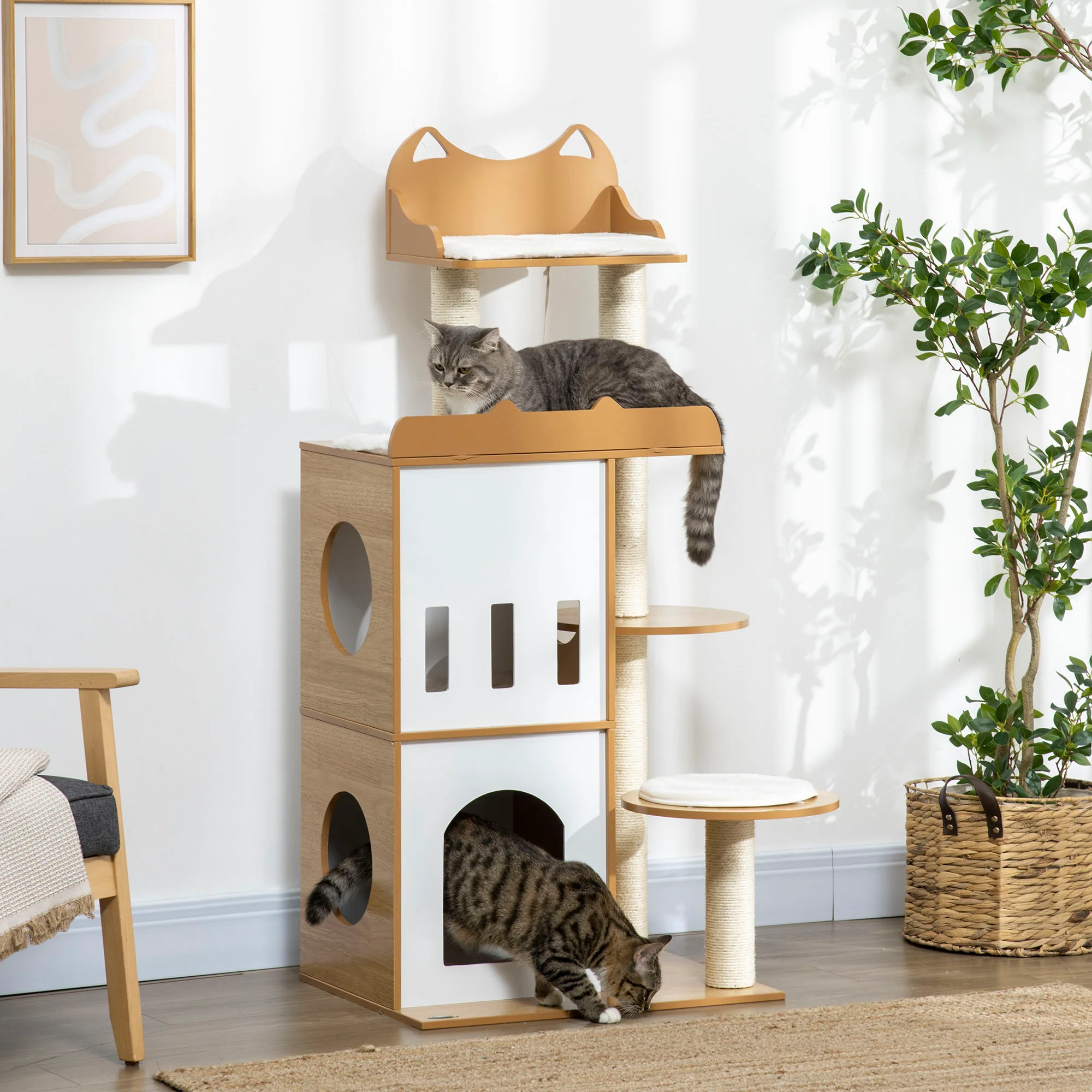 PawHut Kratzbaum Katzenmöbel mit Sisal-Kratzstämmen und Spielball Eiche Weiß
