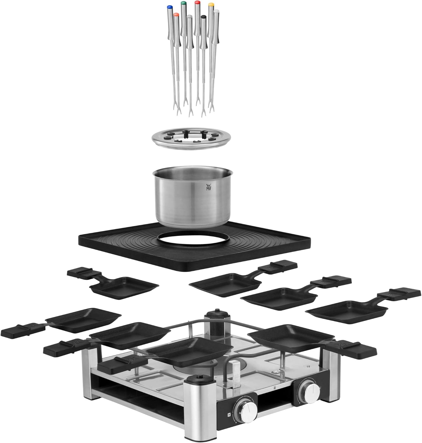 WMF Lumero 3in1 Gourmet Station für 8 Personen, Raclette Fondue Kombi, elektrisch, Temperaturregulierung, Beleuchtung, 1800 Watt, platzsparend, edelstahl matt