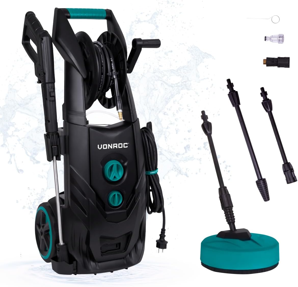 VONROC Profi Hochdruckreiniger 195bar - Fassadenreiniger für schwere Reinigungsarbeiten [2500W] - Hoher Durchfluss [468 l/h] Reinigungstank, Aluminium Pumpe - inkl. Terassenreiniger