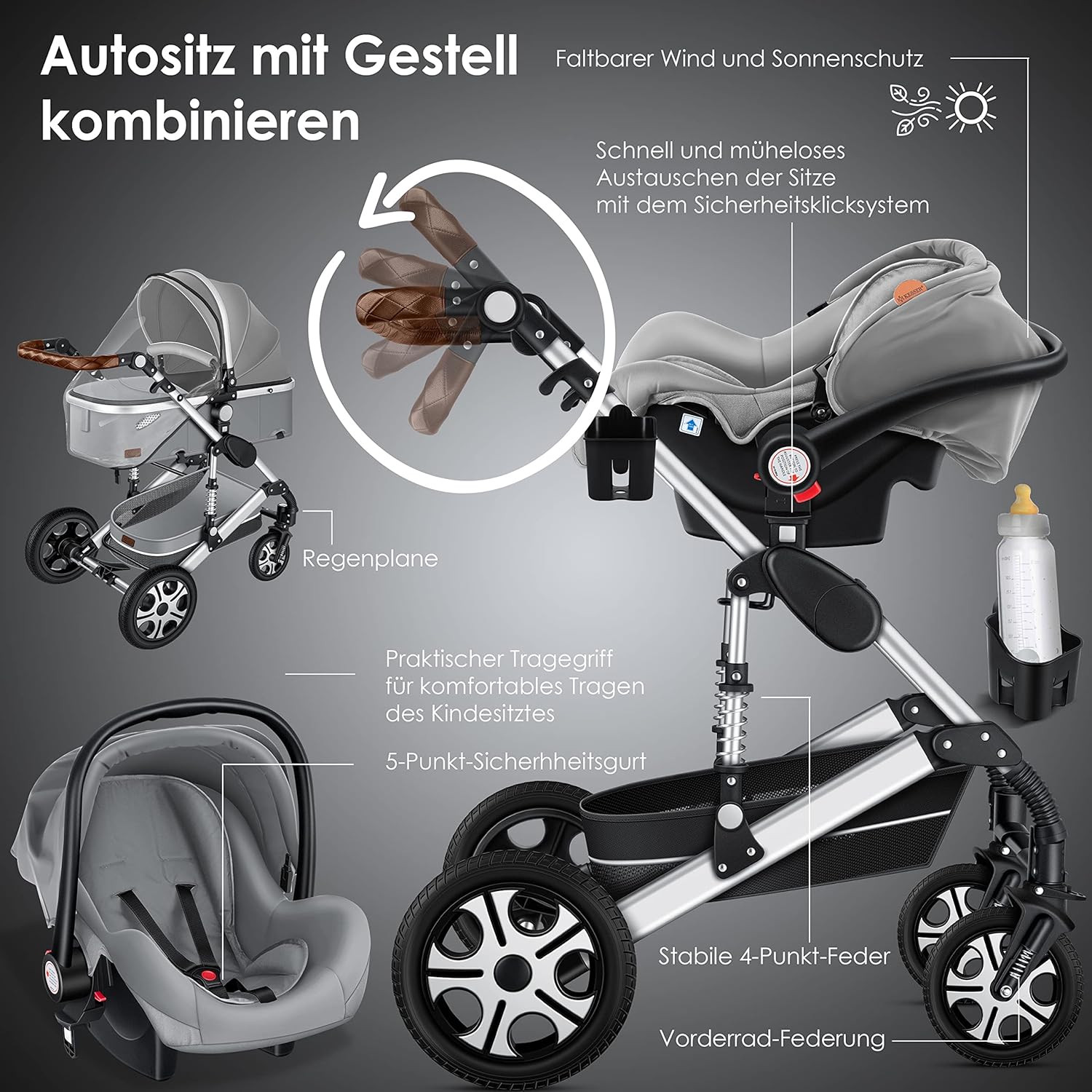 KESSER Loops 3 in 1 Kinderwagen Kombikinderwagen Komplett-Set inkl. Babywanne & Buggy Sportsitz & Auto-Babyschale Voll-Gummireifen Wickeltasche Regenschutz Kindertisch ECE R129, Schwarz/Champagne