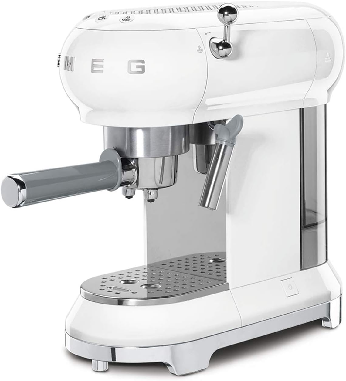 Smeg, ECF01WHEU Manual Espresso -Maschine, Cappuccino -System, Thermoblock, große Tassengehäuse und Doppelkaffeefunktion, 1 l Wassertank, kompakte Abmessungen, 1350W, Weiß