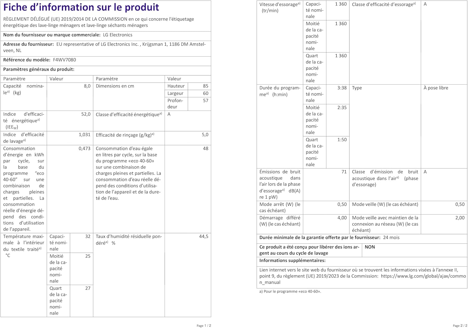 LG F4WV7080, Klasse A, Frontlader-Waschmaschine 8 kg, 1400 U/Min, AI Direct Drive, Wi-Fi, Tiefenreinigung mit Dampf, Groe Kapazitt, TRIPLE A, Auentür aus Sicherheitsglas, 62 x 60 x 85 cm Wei
