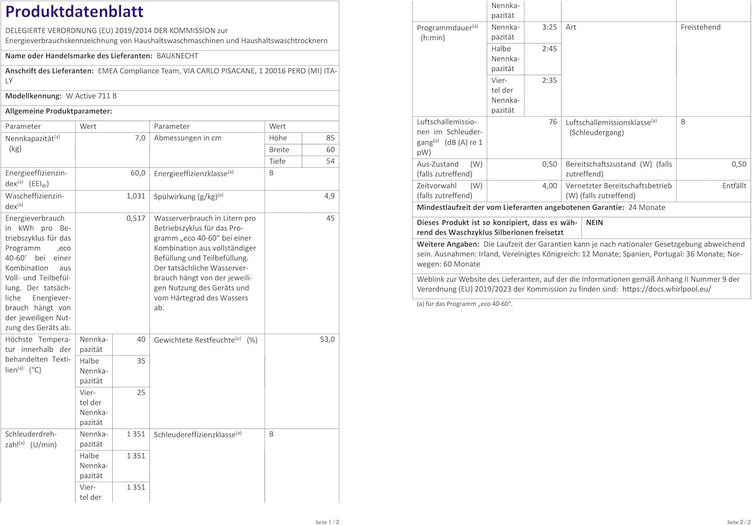 Bauknecht W Active 711 B Waschmaschine-Frontlader/ 7kg/ 1400 U/min/Kraftvolle Fleckentfernung/Dampf Programme/Steam Hygiene mit Antivirus/Steam Refresh/Stopp&Add Funktion/Dynamic Inverter-Motor
