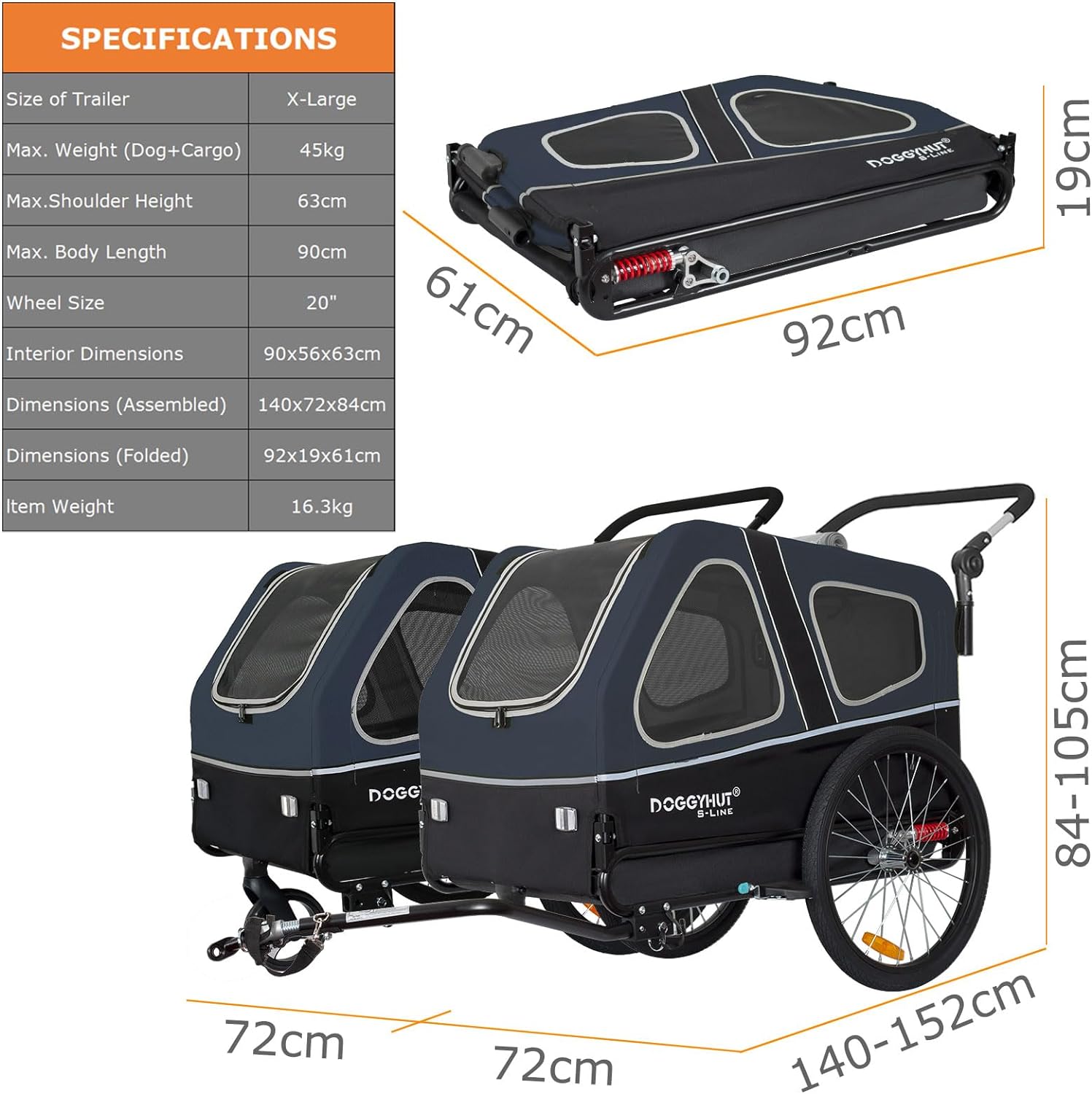 Doggyhut S-Line XL Hundeanhänger & Hundebuggy mit Federung 2 in 1 Hunde Fahrradanhänger Jogger gefedert bis 45 kg
