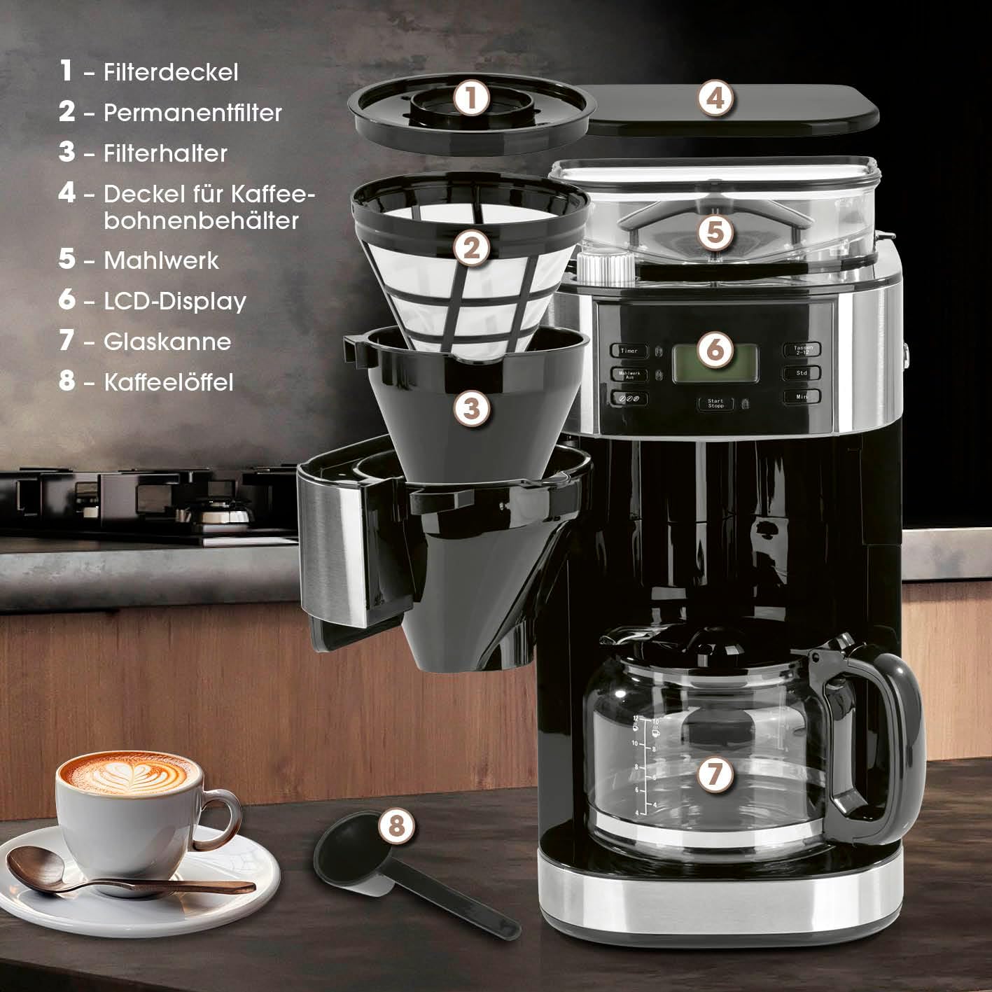 Barista Filterkaffeemaschine mit verstellbarem Mahlwerk & Thermokanne | Warmhaltefunktion, 24h Timer & Permanentfilter | Für 10 Tassen Kaffee | Kaffeemaschine für Bohnen & Pulver [Edelstahl]