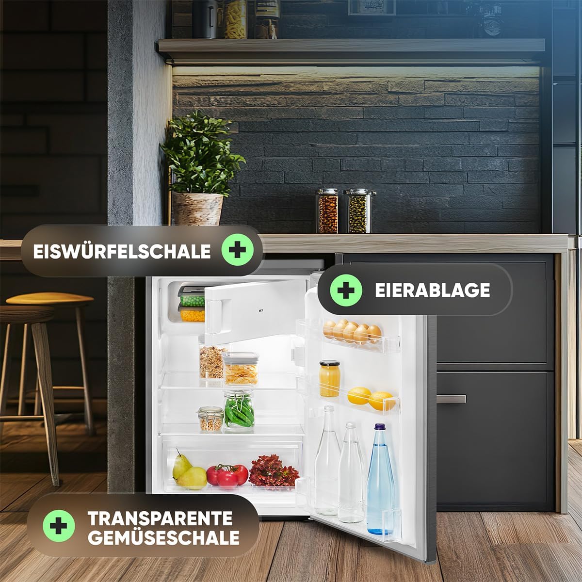 Bomann Kühlschrank mit Gefrierfach klein | Kühlschrank 2 Ablagen | leise | mit 4-Sterne Gefrierfach | Kühlschrank klein mit Obst- und Gemüsefach | Türanschlag wechselbar | KS 7251 inox