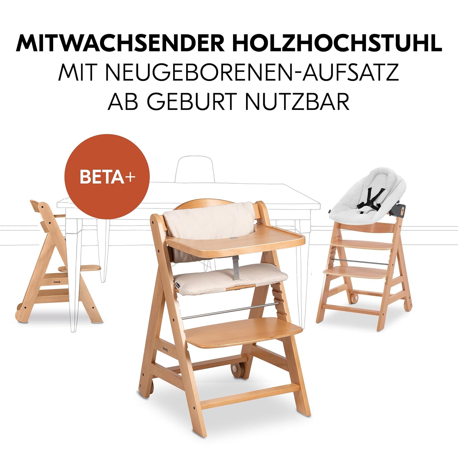 hauck Hochstuhl Beta+ Newborn Set Premium Dark Grey - Babyhochstuhl Set ab Geburt mit Neugeborenen Aufsatz Bouncer, Sitzpolster und Essbrett - Dark Grey
