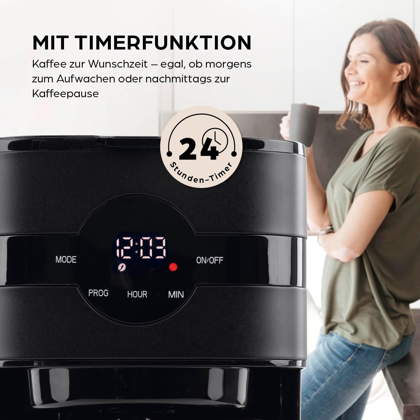 Barista Filterkaffeemaschine mit verstellbarem Mahlwerk & Thermokanne | Warmhaltefunktion, 24h Timer & Permanentfilter | Für 10 Tassen Kaffee | Kaffeemaschine für Bohnen & Pulver [Edelstahl]