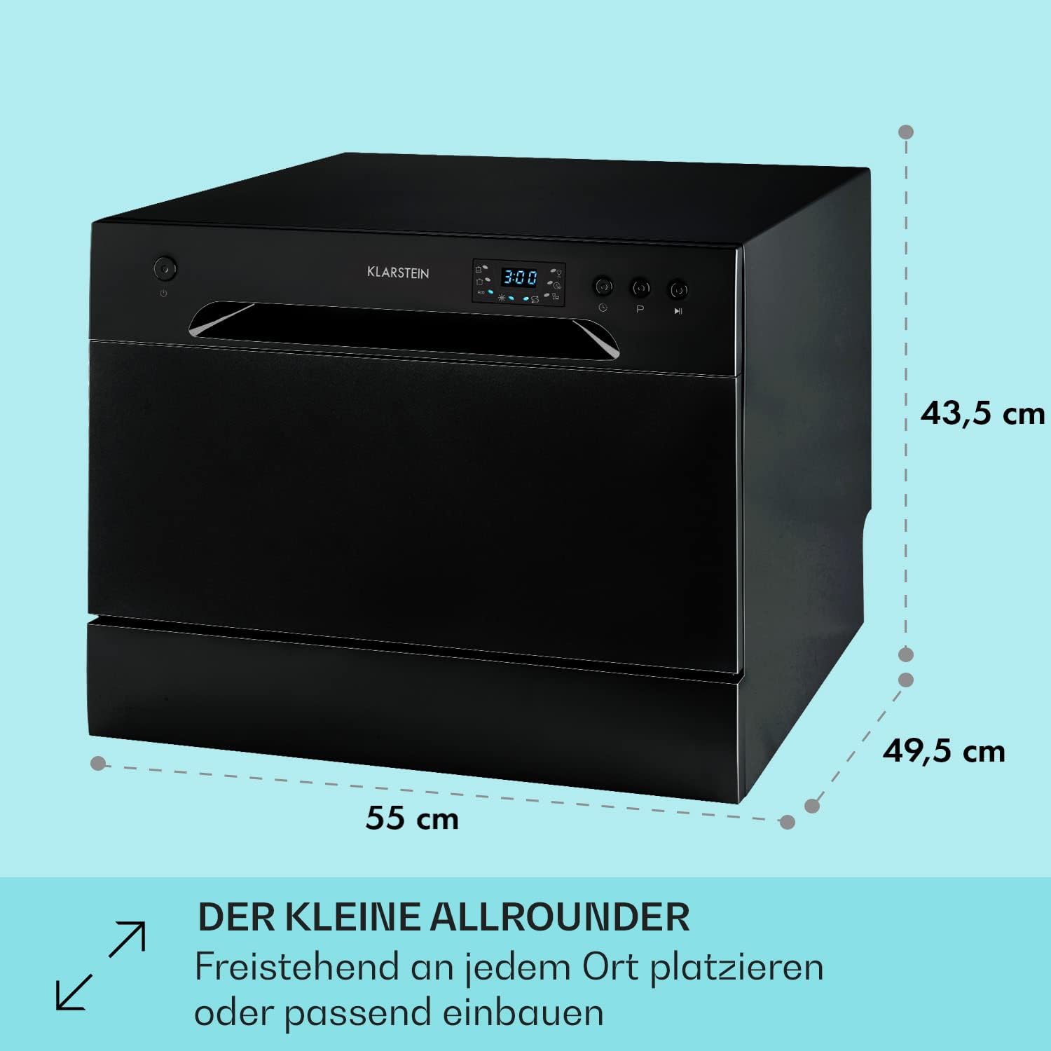 Klarstein ia 8 - Spülmaschine, Geschirrspüler, Freistehend, Teilintegriert, F, 55 cm breit, 8 Maßgedecke, 6 Programme, Aquastop, silber