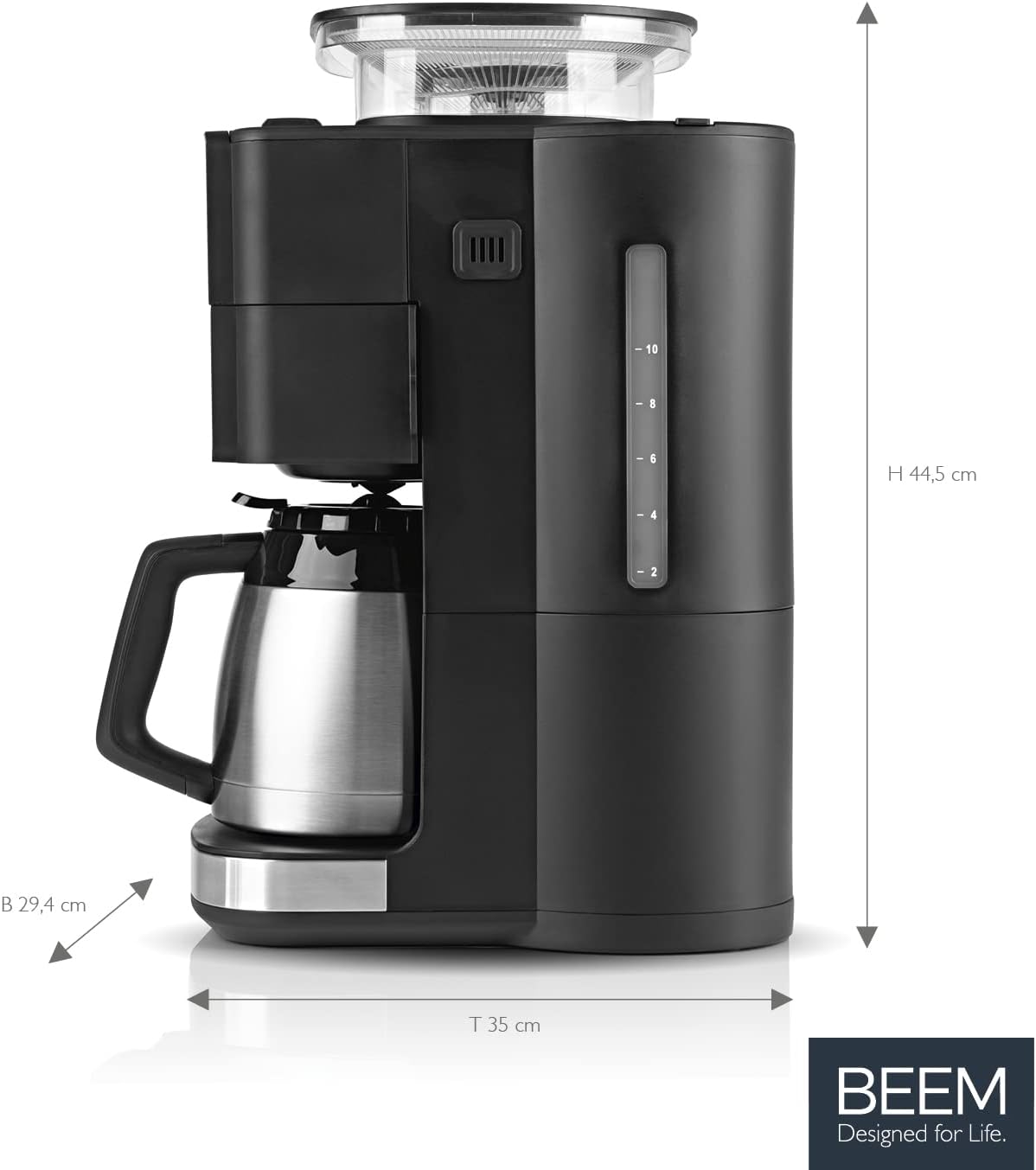 BEEM FRESH-AROMA-PERFECT III Filterkaffeemaschine mit Mahlwerk - Duo | Mit Thermos- & Glaskanne | Aroma-Plus-Funktion | 24-H-Timer | 1000 W | für bis zu je 10 Tassen [Edelstahl]