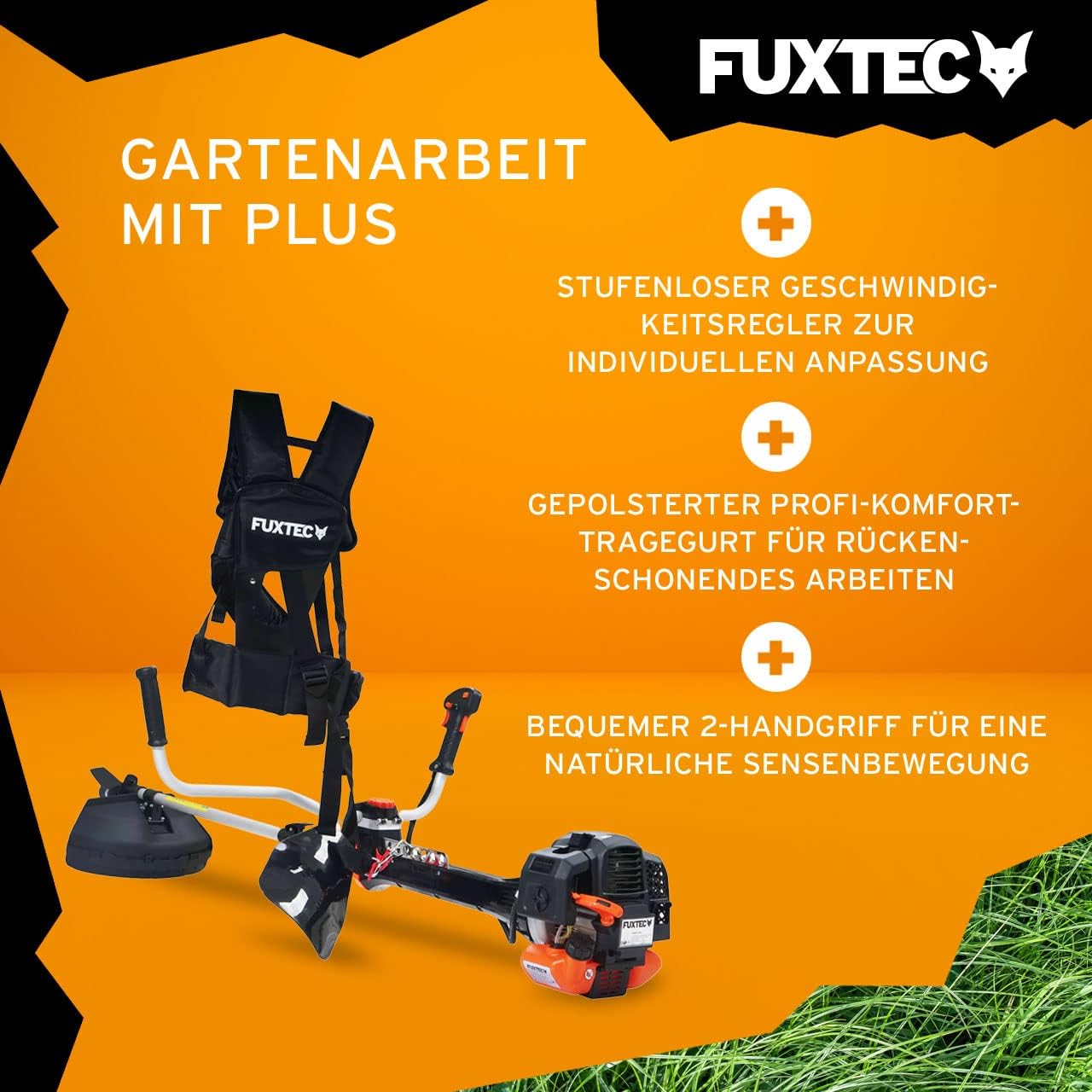 FUXTEC Profi Benzin Motorsense FX-PS162 – Profisense mit 62ccm, Faden und Komfort-Tragegurt – Rasentrimmer mit Antivibrationssystem – 2-Takt Freischneider Fadenspule