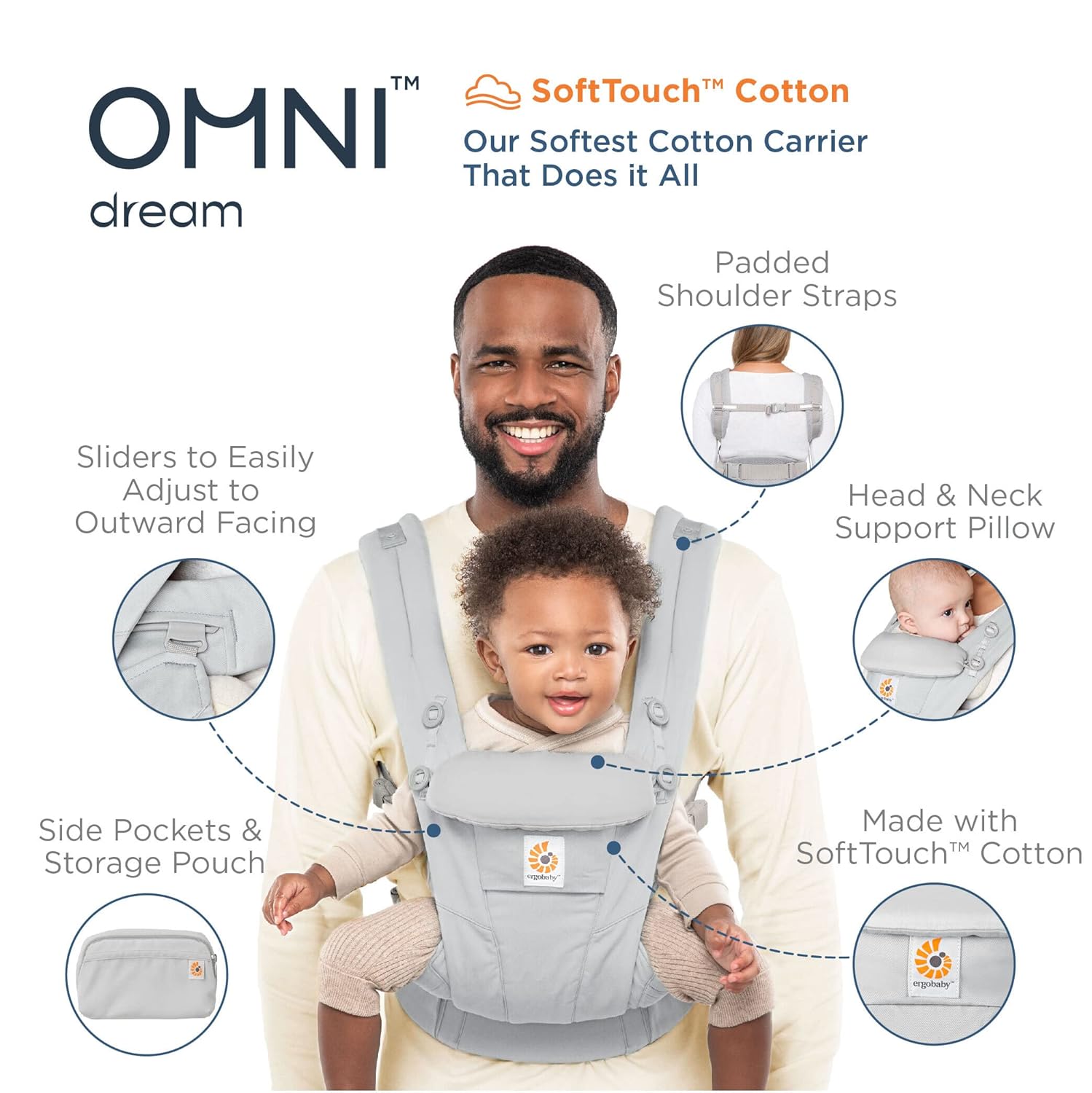 Ergobaby Omni Breeze Babytrage für Neugeborene ab Geburt bis 20kg, 4 Positionen SoftFlex Mesh Ergonomische Babybauchtrage Rückentrage Baby-Tragetasche, Natural Beige